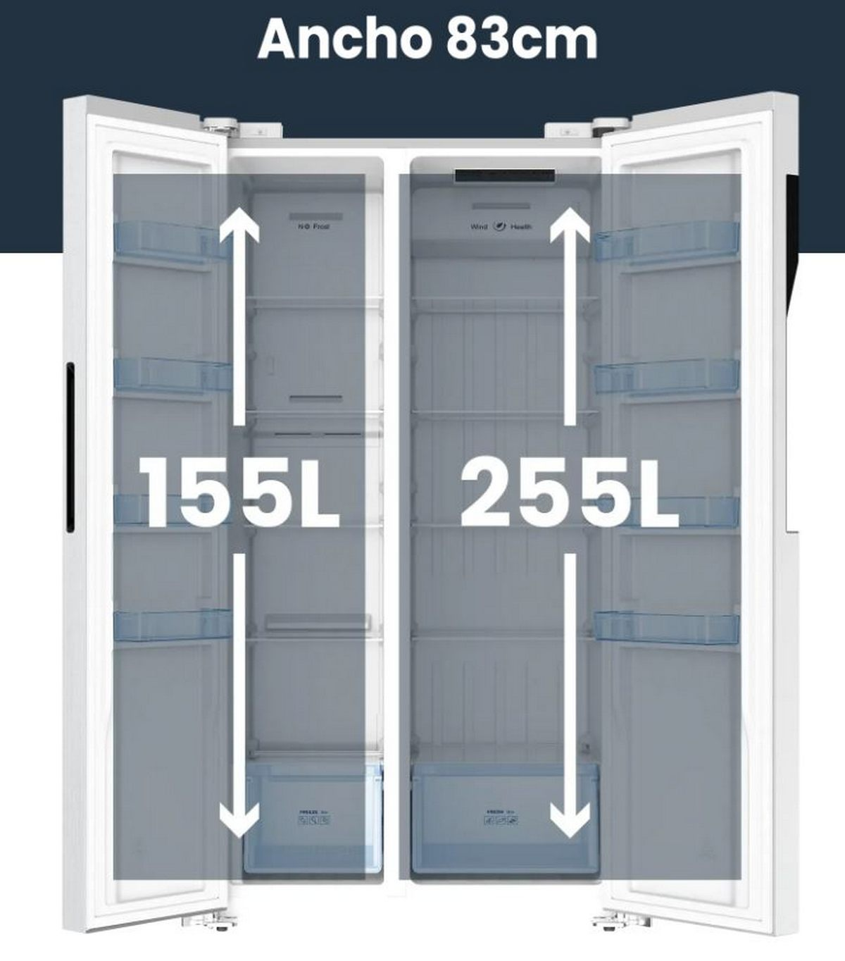 Refrigerador abierto con etiquetas de capacidad: 155L y 255L. Flechas indican el espacio.