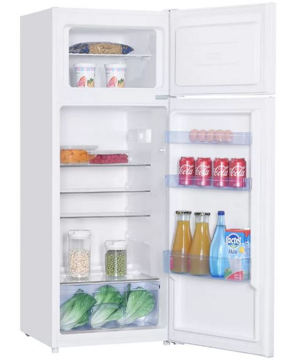 Nevera blanca abierta, mostrando estantes con comida: bebidas, verduras y recipientes con comida.