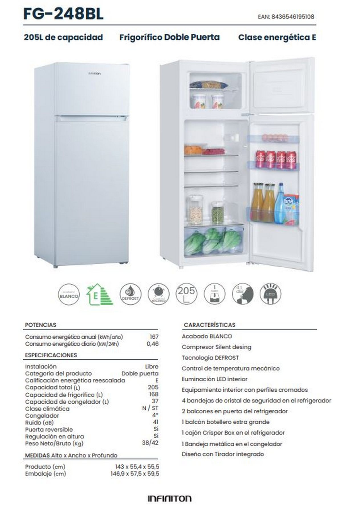 Un refrigerador blanco de doble puerta con la puerta abierta, que muestra estantes e información del producto.