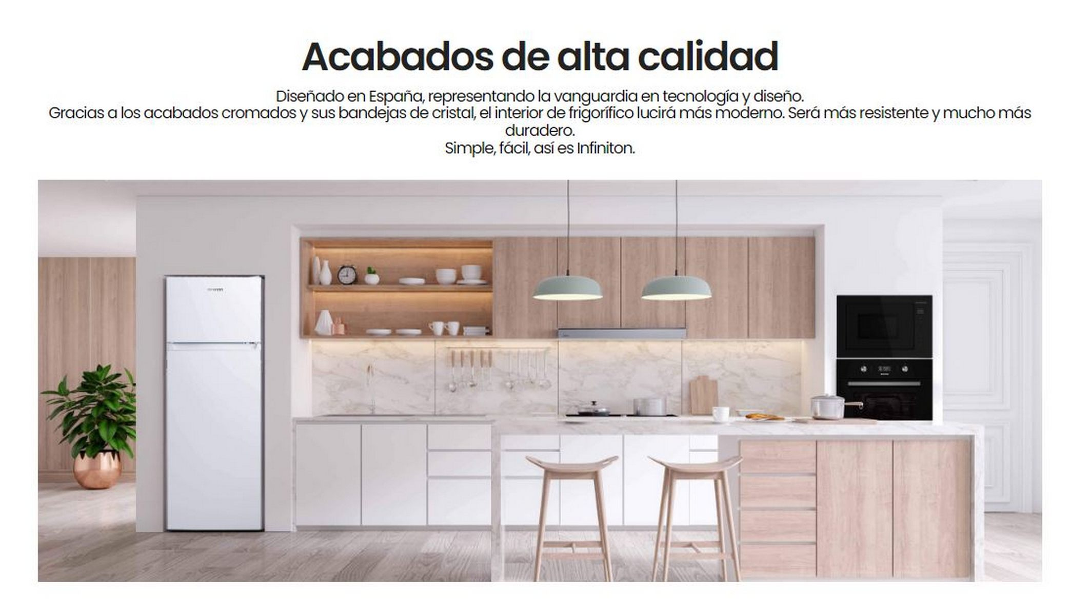 Una cocina moderna con frigorífico blanco. El texto en español destaca acabados y diseño de alta calidad.