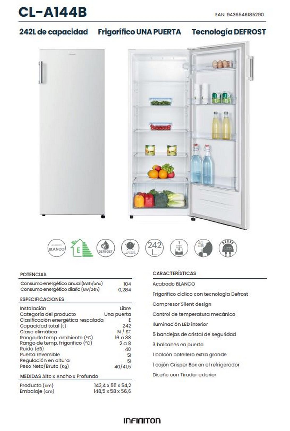 Refrigerador blanco con la puerta abierta, mostrando estantes, cajones y contenido. Fondo blanco.