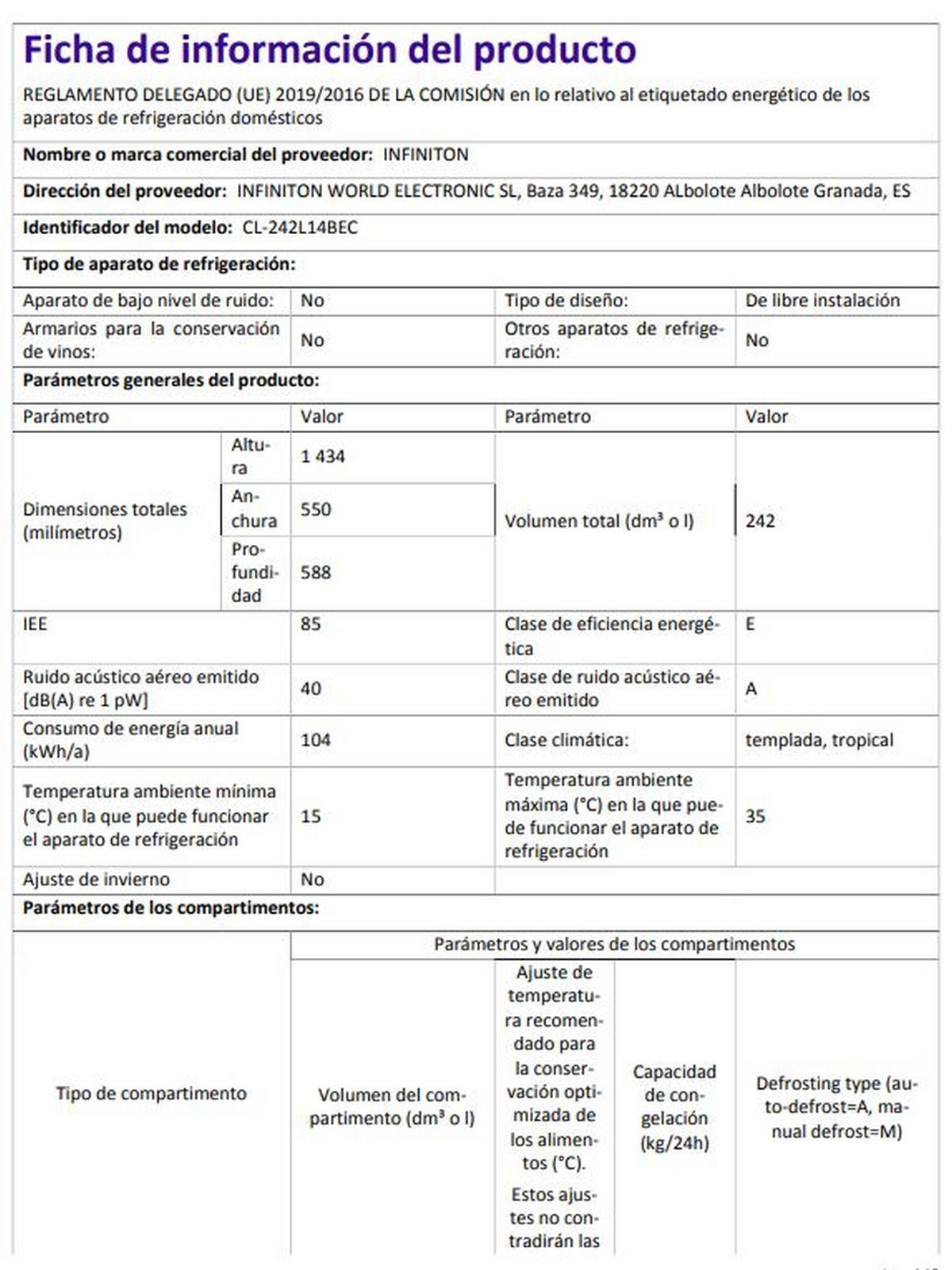 Documento de texto blanco con detalles técnicos y especificaciones de un refrigerador. Texto en español.