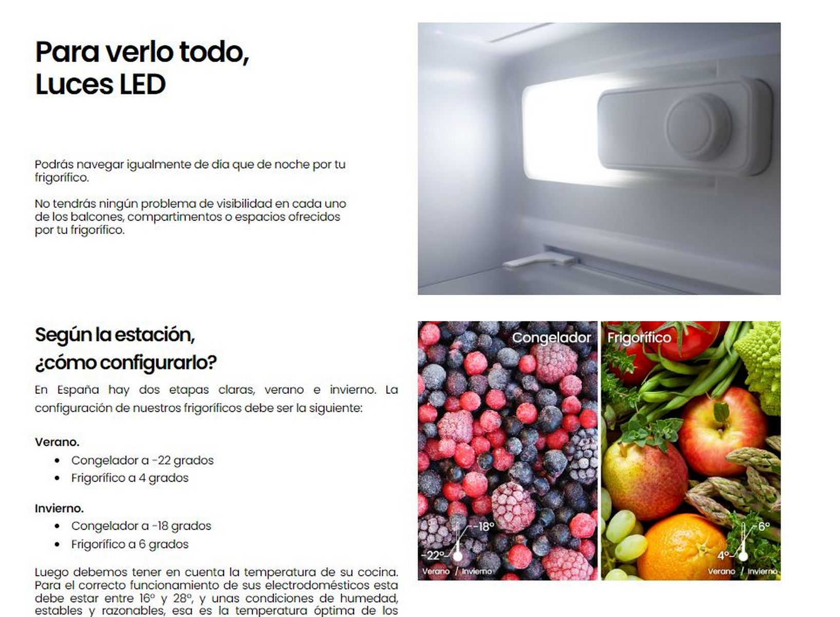 Interior de nevera con alimentos y etiqueta energética. Texto en español.