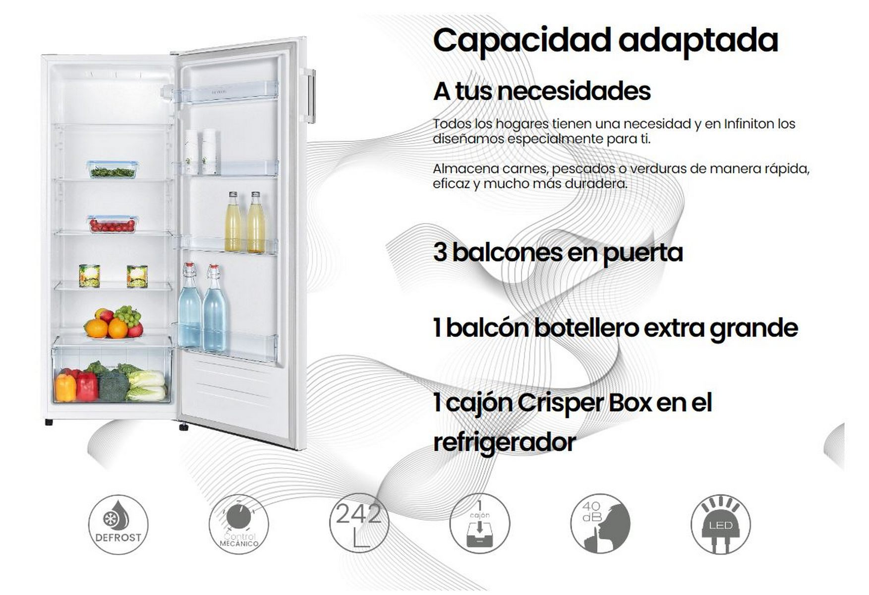Refrigerador abierto con estantes, botellas de vidrio y verduras. Incluye descongelación y LED.