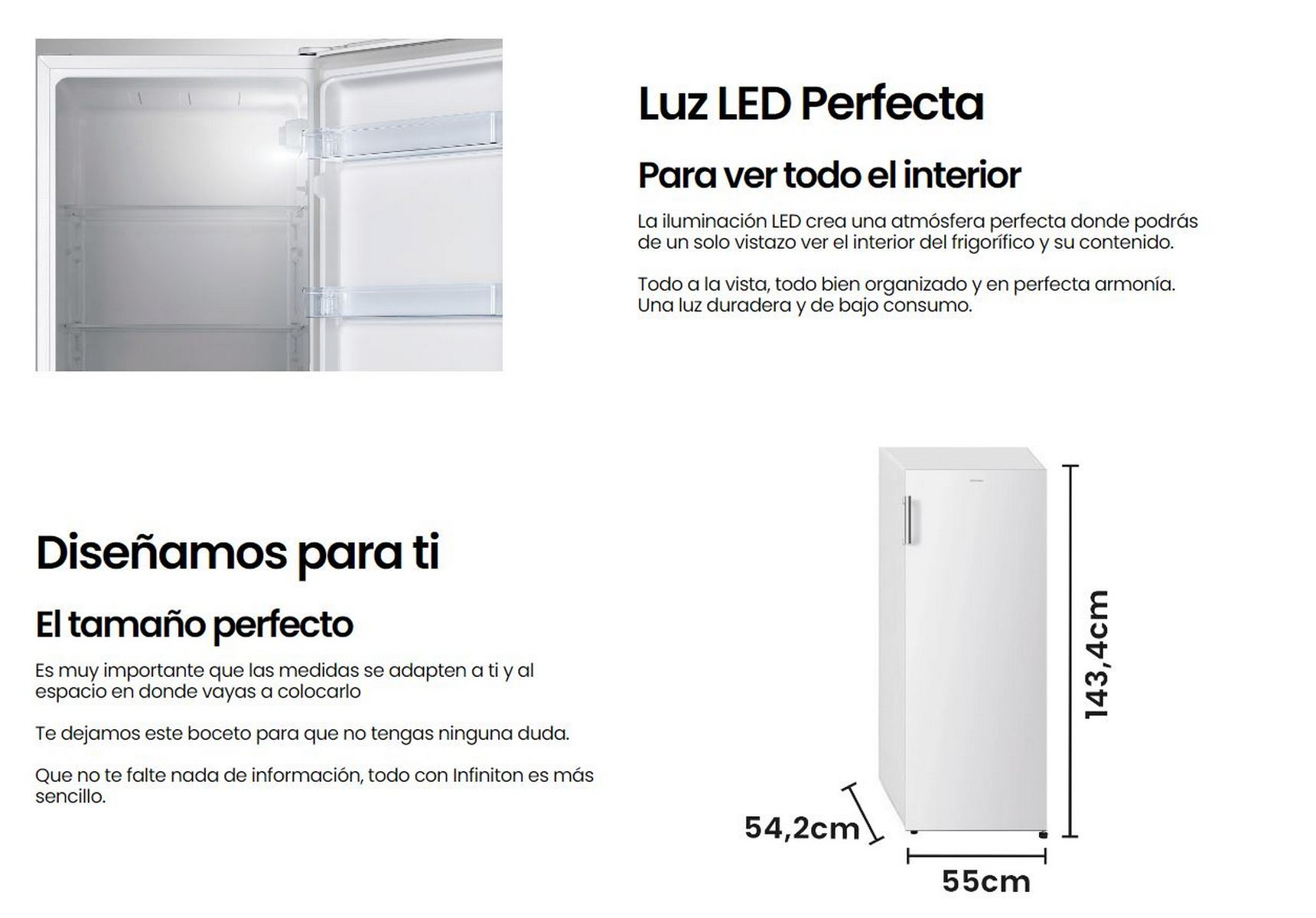Un refrigerador blanco con dimensiones indicadas sobre fondo blanco.