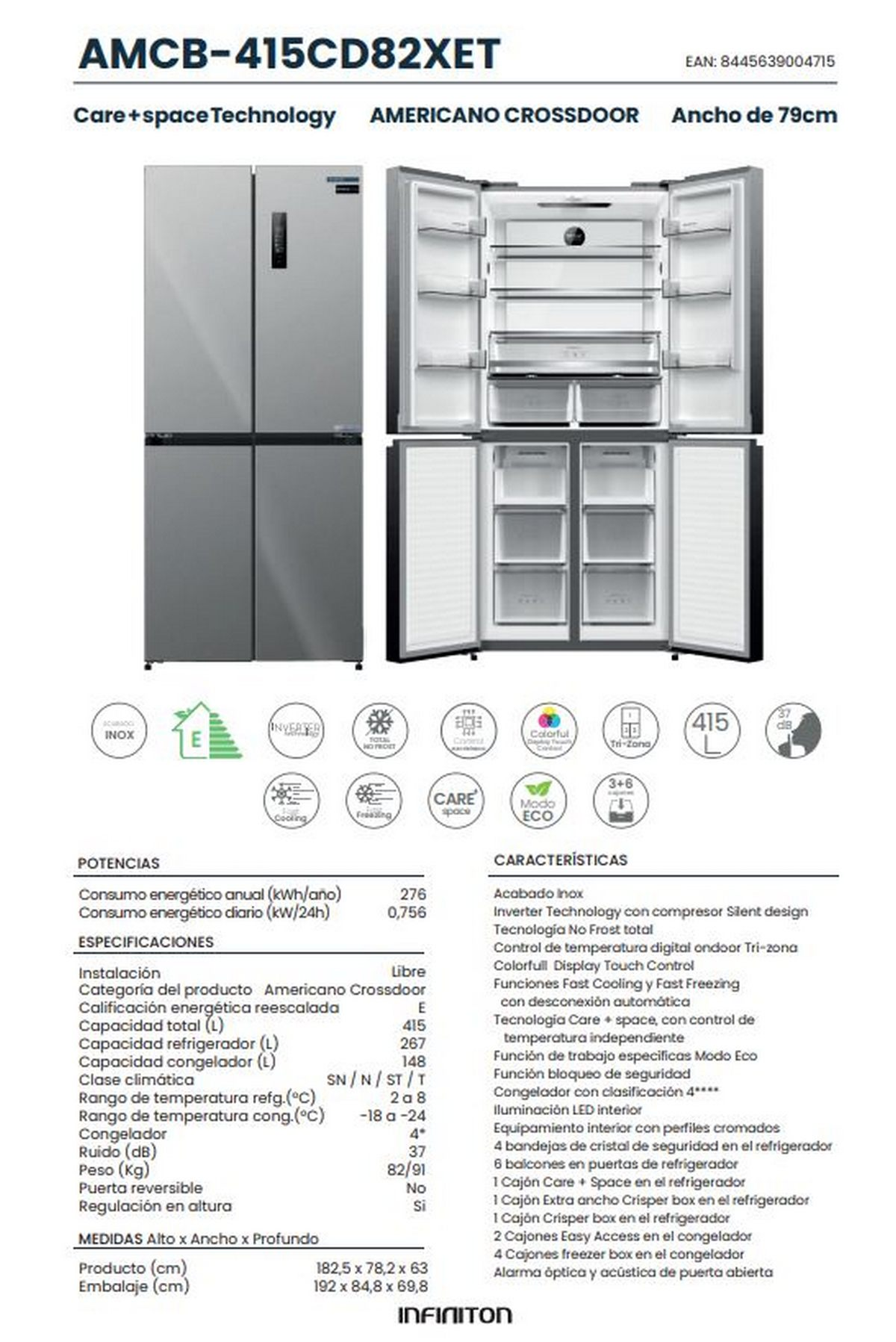 Una hoja de información del producto para un refrigerador. Muestra las características, especificaciones y clasificaciones energéticas del refrigerador.
