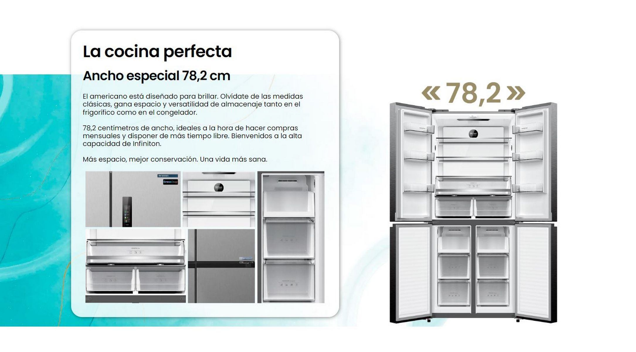 Refrigerador con puertas abiertas, mostrando compartimentos internos y almacenamiento, con superposición de texto.