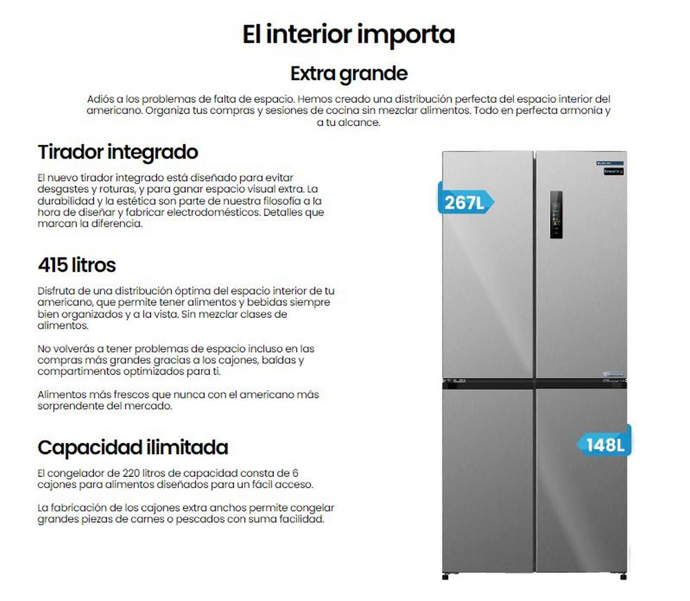 Puerta de refrigerador abierta con texto e información al lado, fondo blanco.