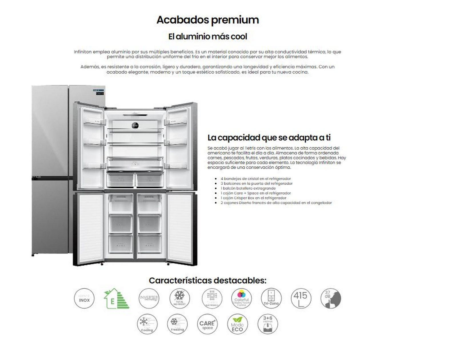 Un refrigerador con puertas abiertas, que muestra estantes, cajones y varios compartimentos.