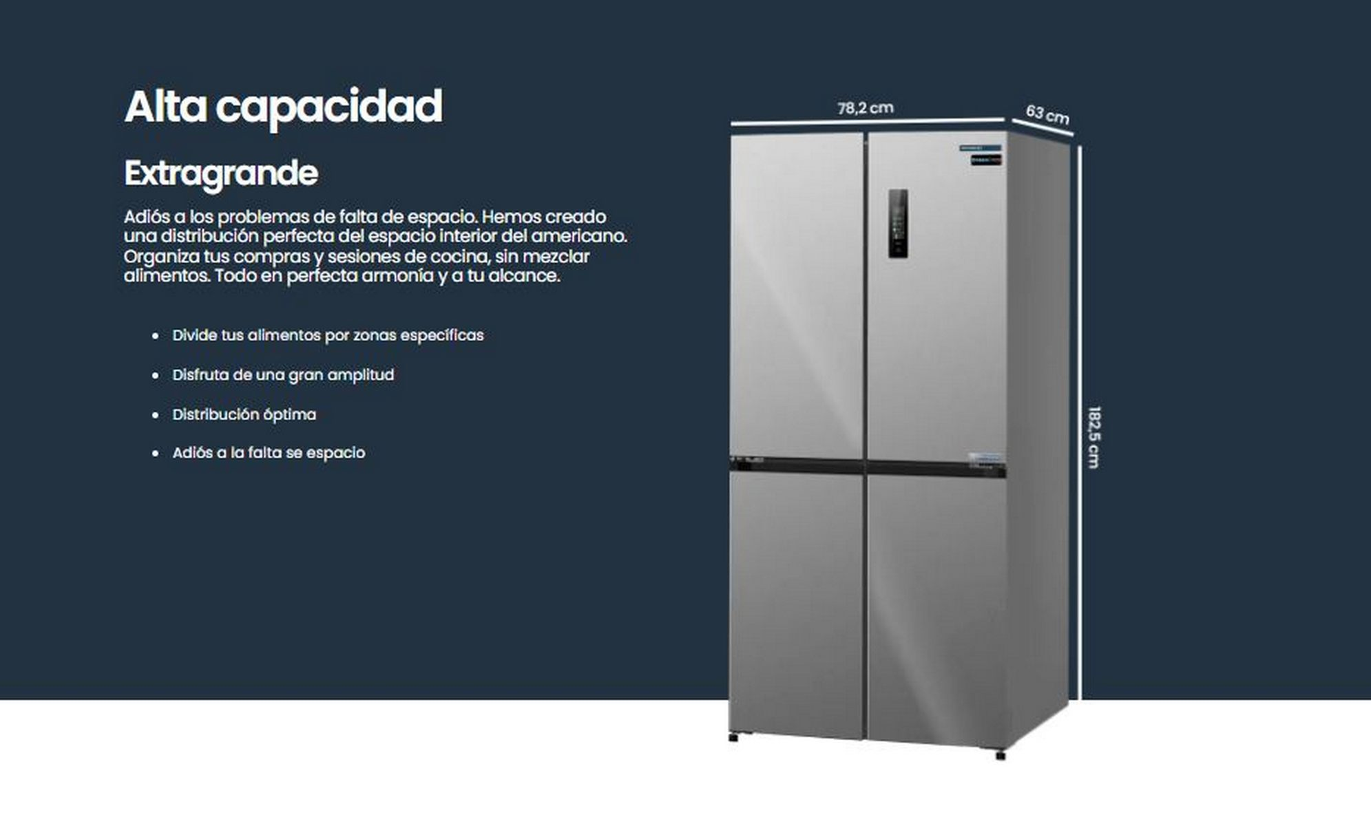 Un refrigerador gris grande con cuatro puertas, las dimensiones se muestran en la imagen.