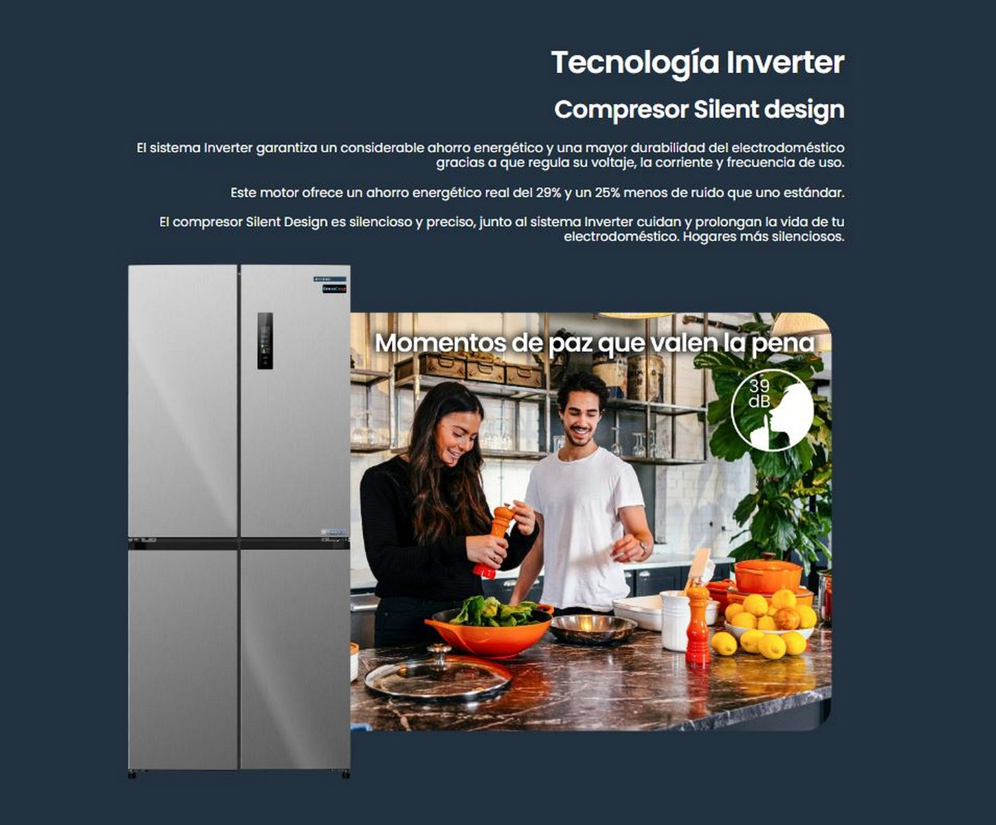 Un refrigerador con una mujer y un hombre en la cocina. El texto sobre la tecnología inverter está arriba.