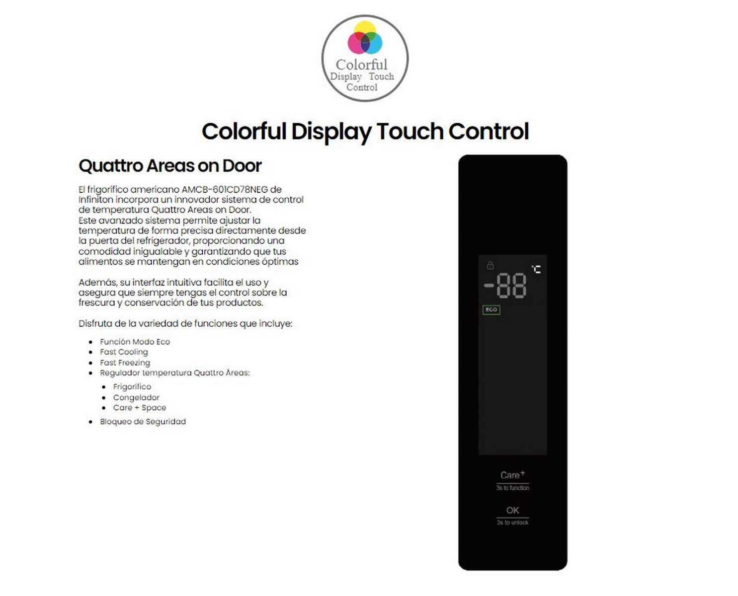 Una puerta de refrigerador negra con un panel de control táctil de pantalla colorida.