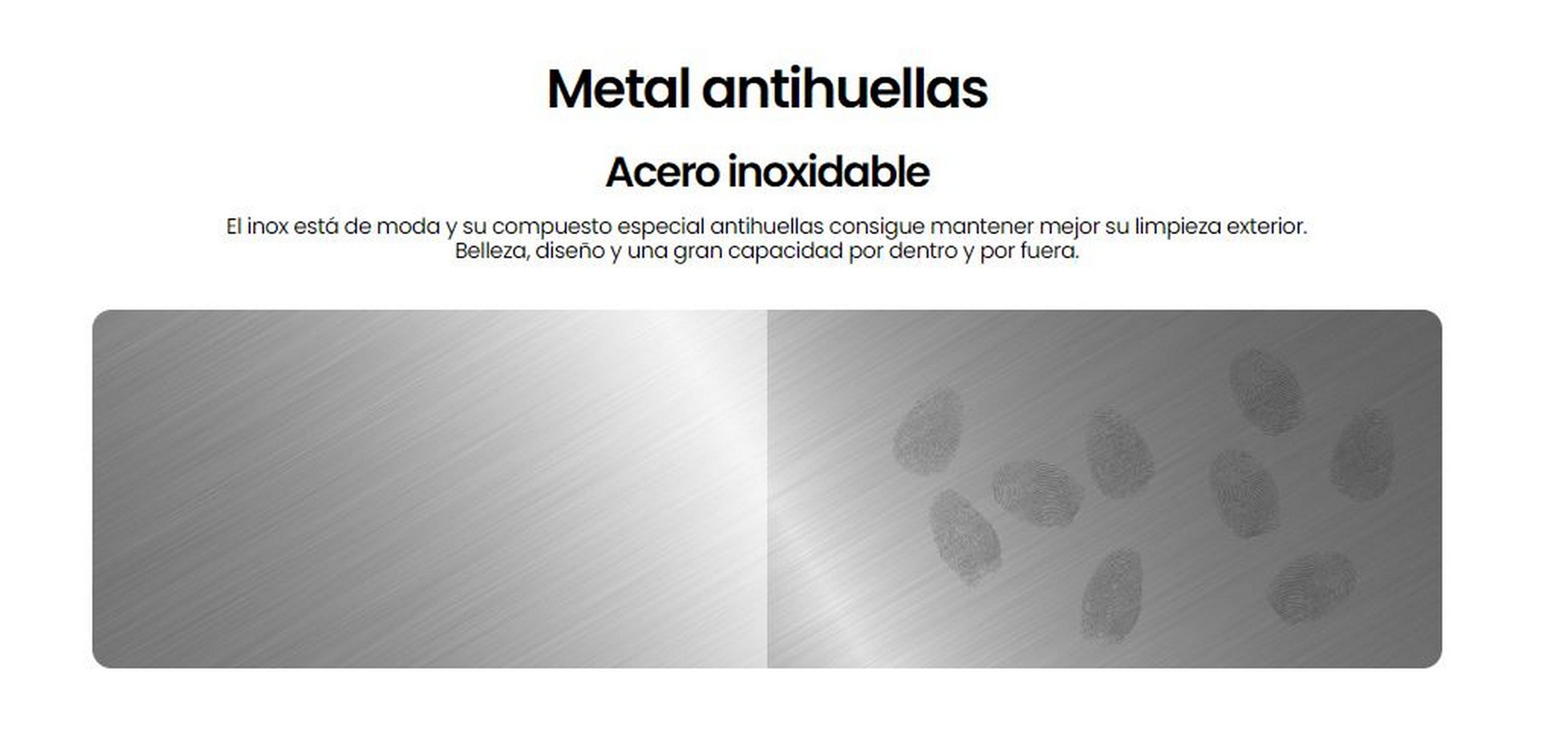 Dos superficies metálicas, una lisa, otra con huellas dactilares. Texto: 'Metal anti-huellas'.