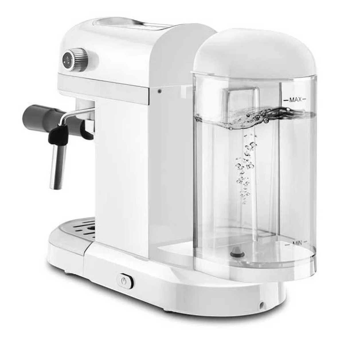 Biały ekspres do kawy z przezroczystym zbiornikiem na wodę, na białej powierzchni, widok z boku.