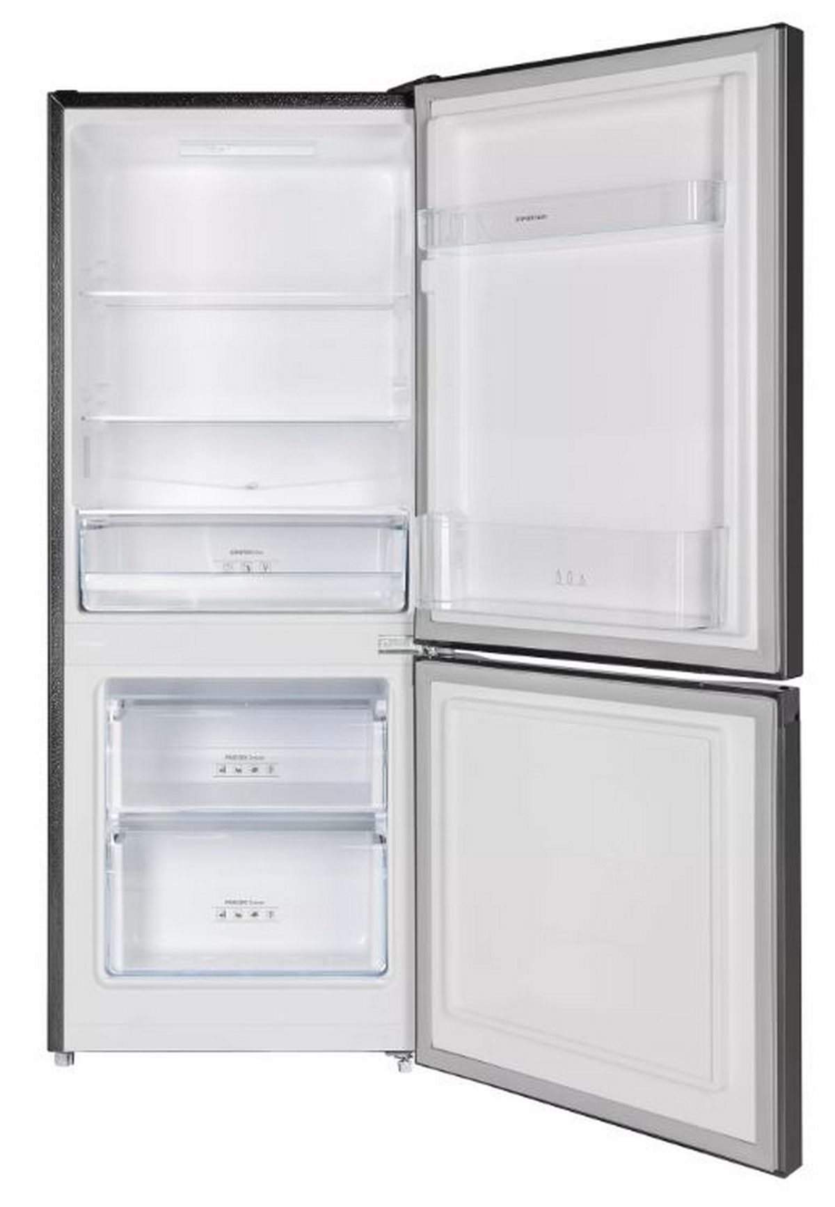 Refrigerador negro abierto. El interior tiene estantes, cajones. Fondo blanco. La puerta está abierta, mostrando el interior.