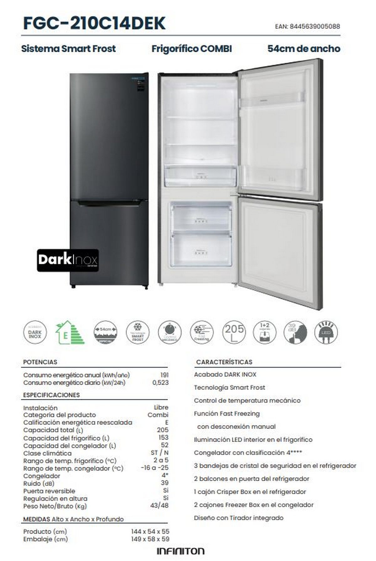 Refrigerador negro con puerta abierta, mostrando estantes y cajones. Especificaciones y diagrama en el fondo.