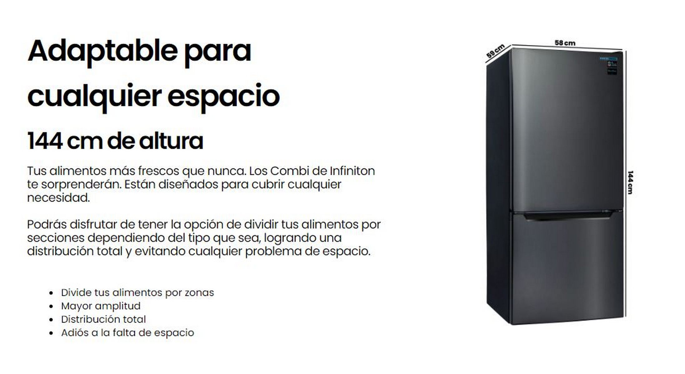 Refrigerador negro, que muestra dimensiones y una breve descripción sobre sus características.