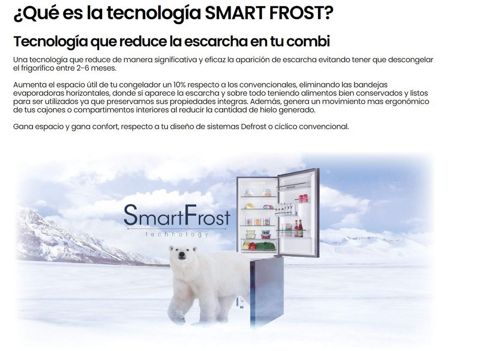 Oso polar frente a refrigerador abierto, con texto sobre tecnología SmartFrost.