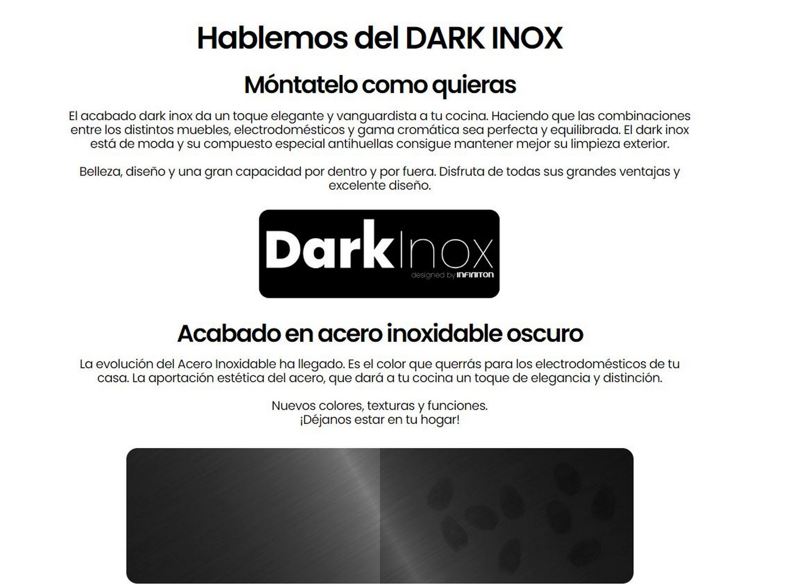 Texto Dark Inox con detalles. Muestra la marca y una imagen de material inox oscuro. El texto describe el producto.
