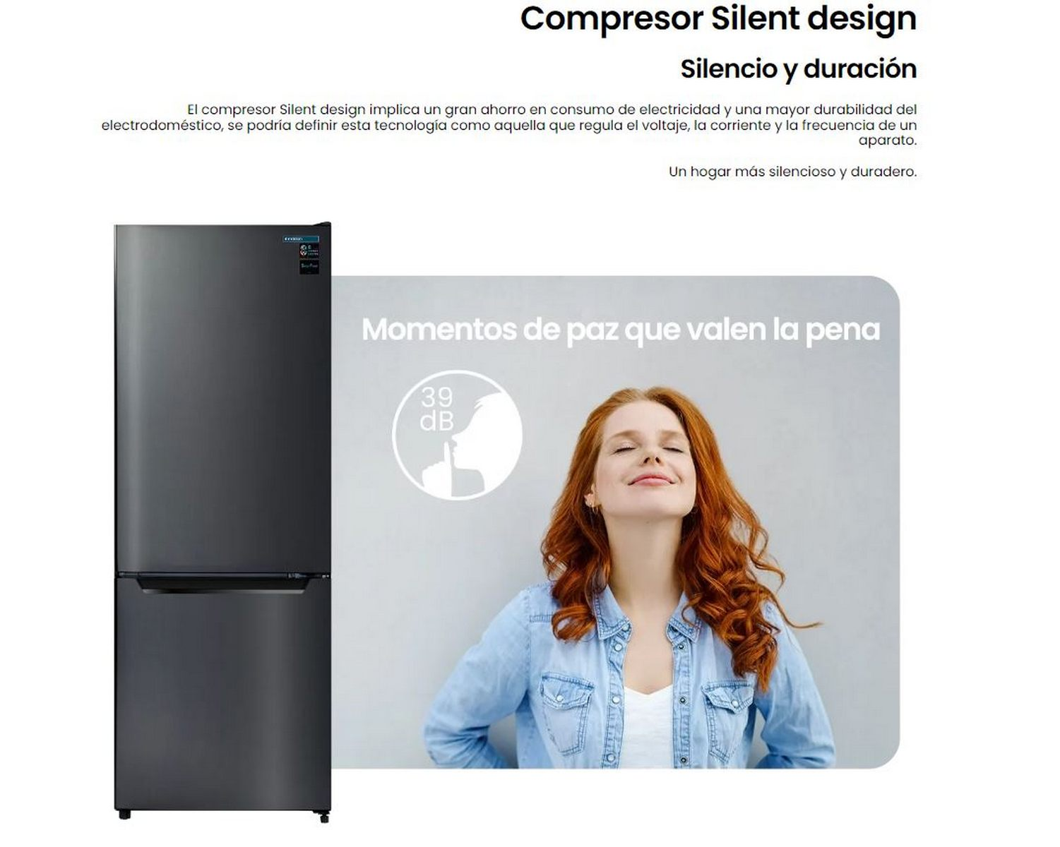 Un frigorífico con una mujer relajada, con texto sobre diseño silencioso.