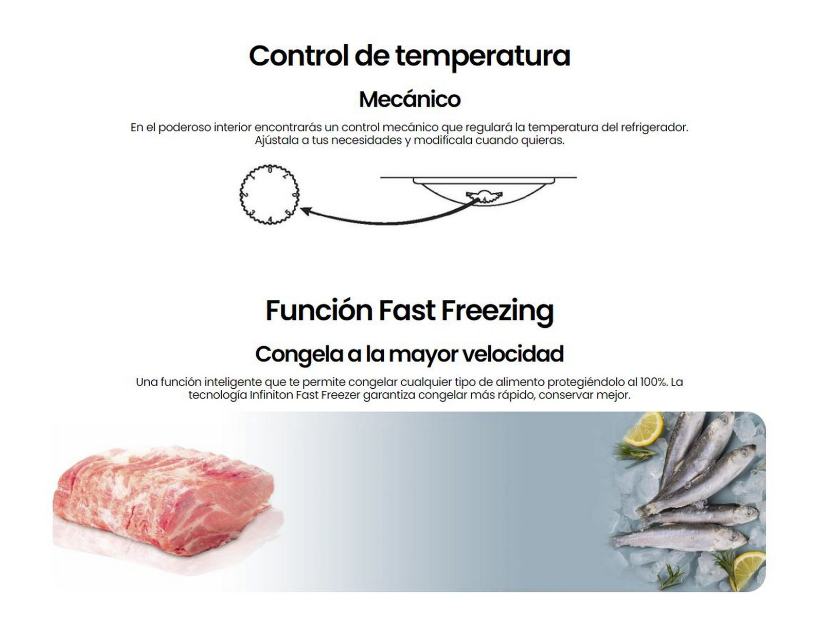 Diagramas que explican el control de temperatura y las funciones de congelación rápida del refrigerador con imágenes.