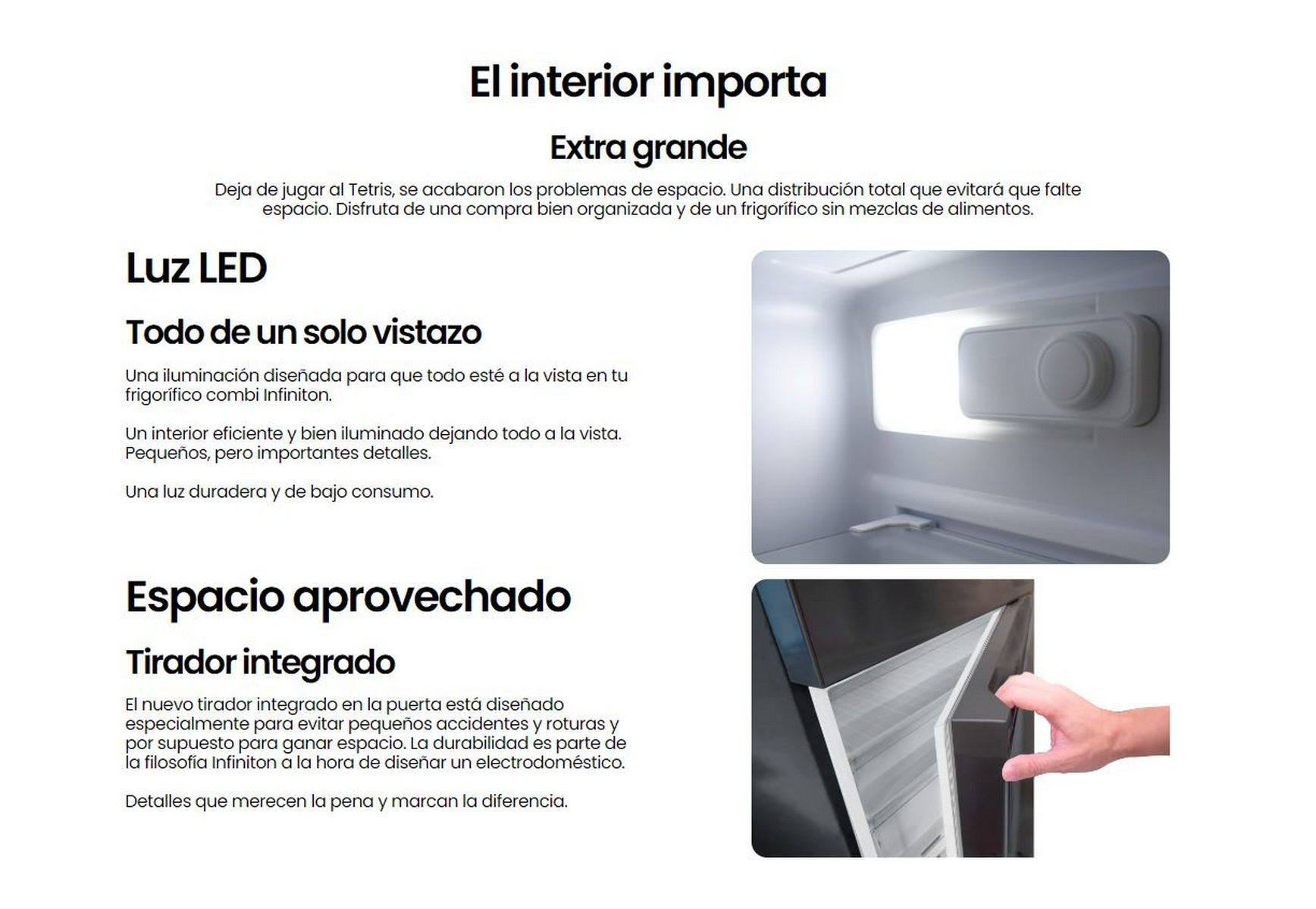 Texto sobre el interior de un frigorífico, con imágenes de estantes y una mano abriendo una puerta.