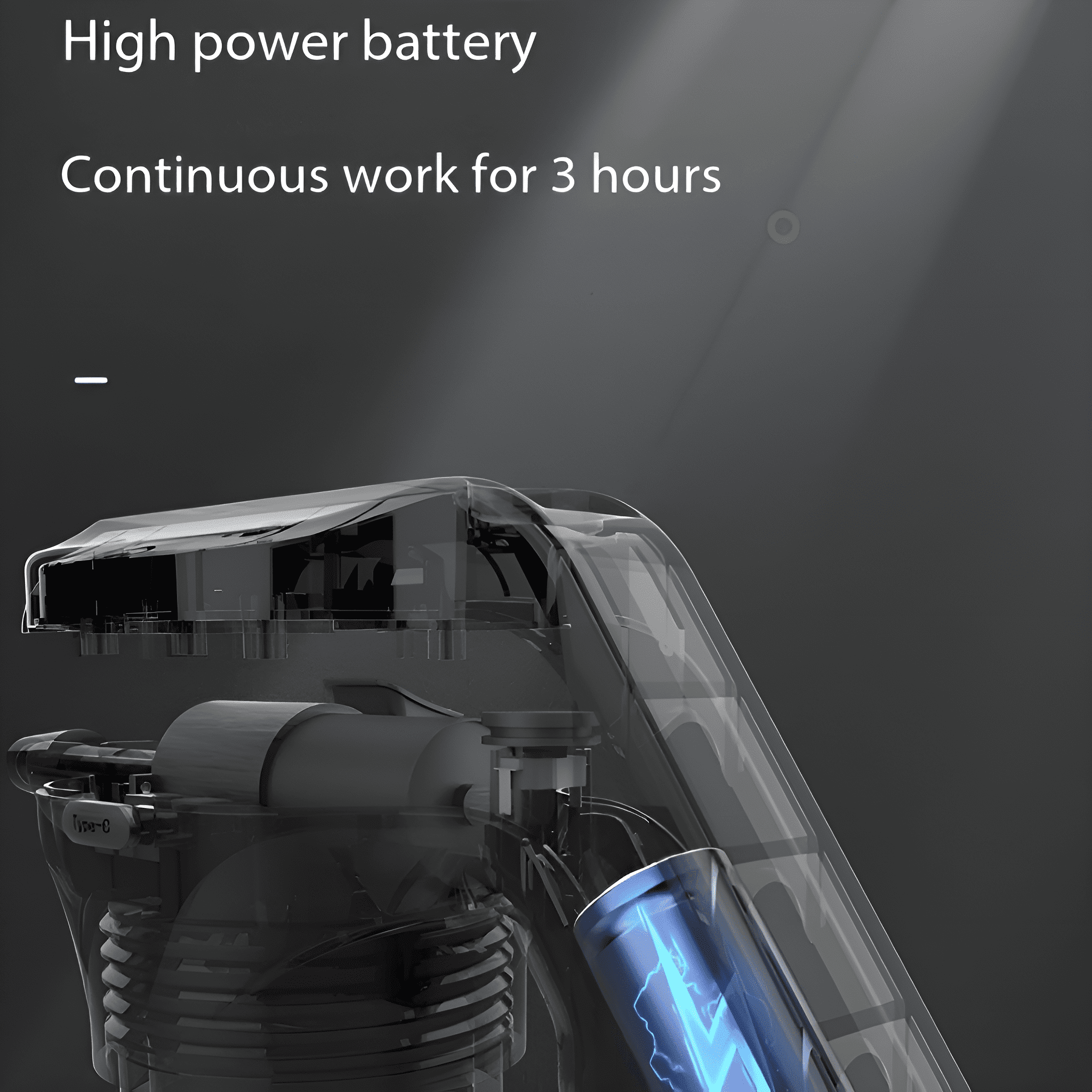 Ein transparentes Gerät, das interne Komponenten und eine Batterie zeigt, mit Text über die Akkulaufzeit.