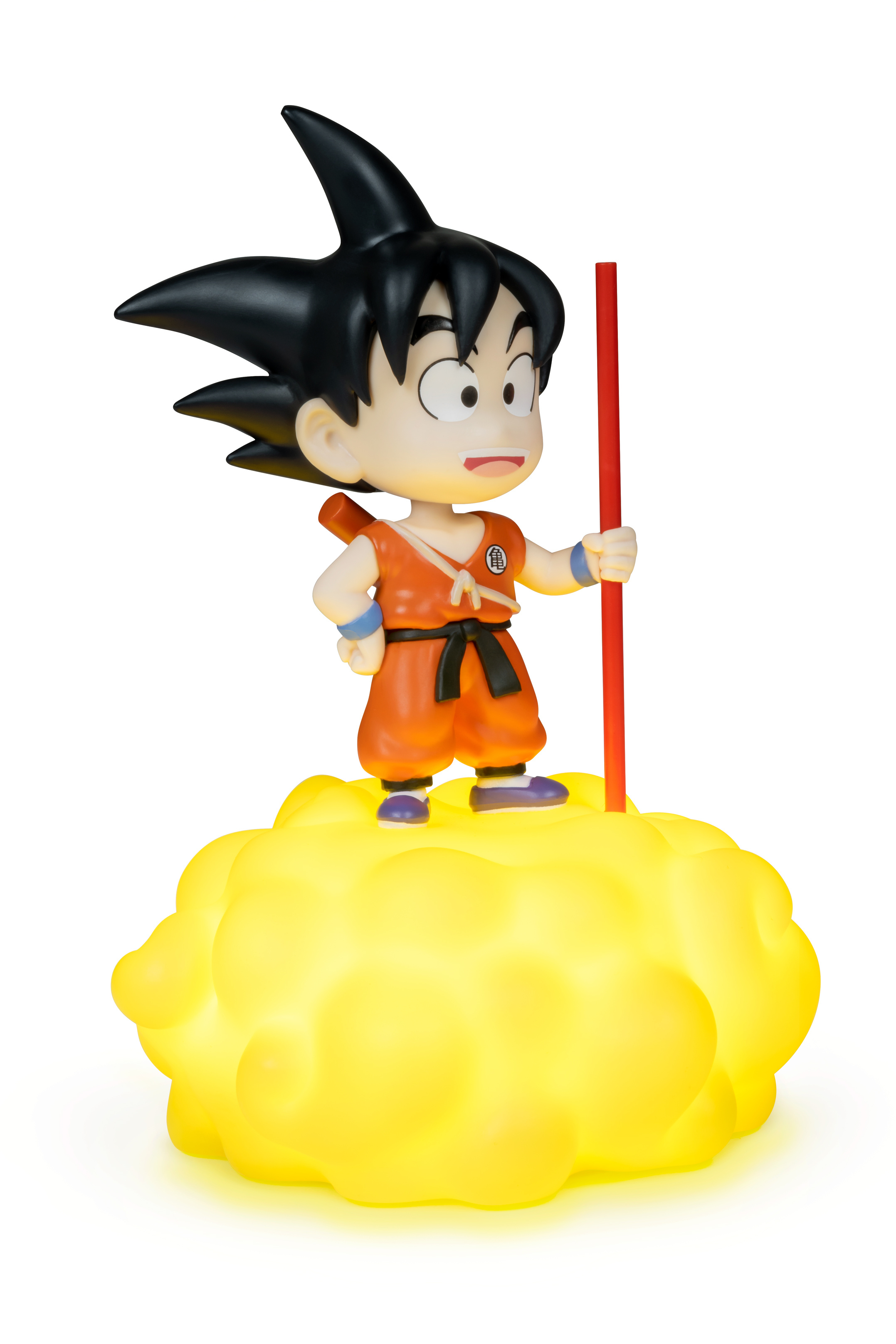 Figura di Goku su nuvola gialla brillante, con un bastone rosso. Sfondo bianco.