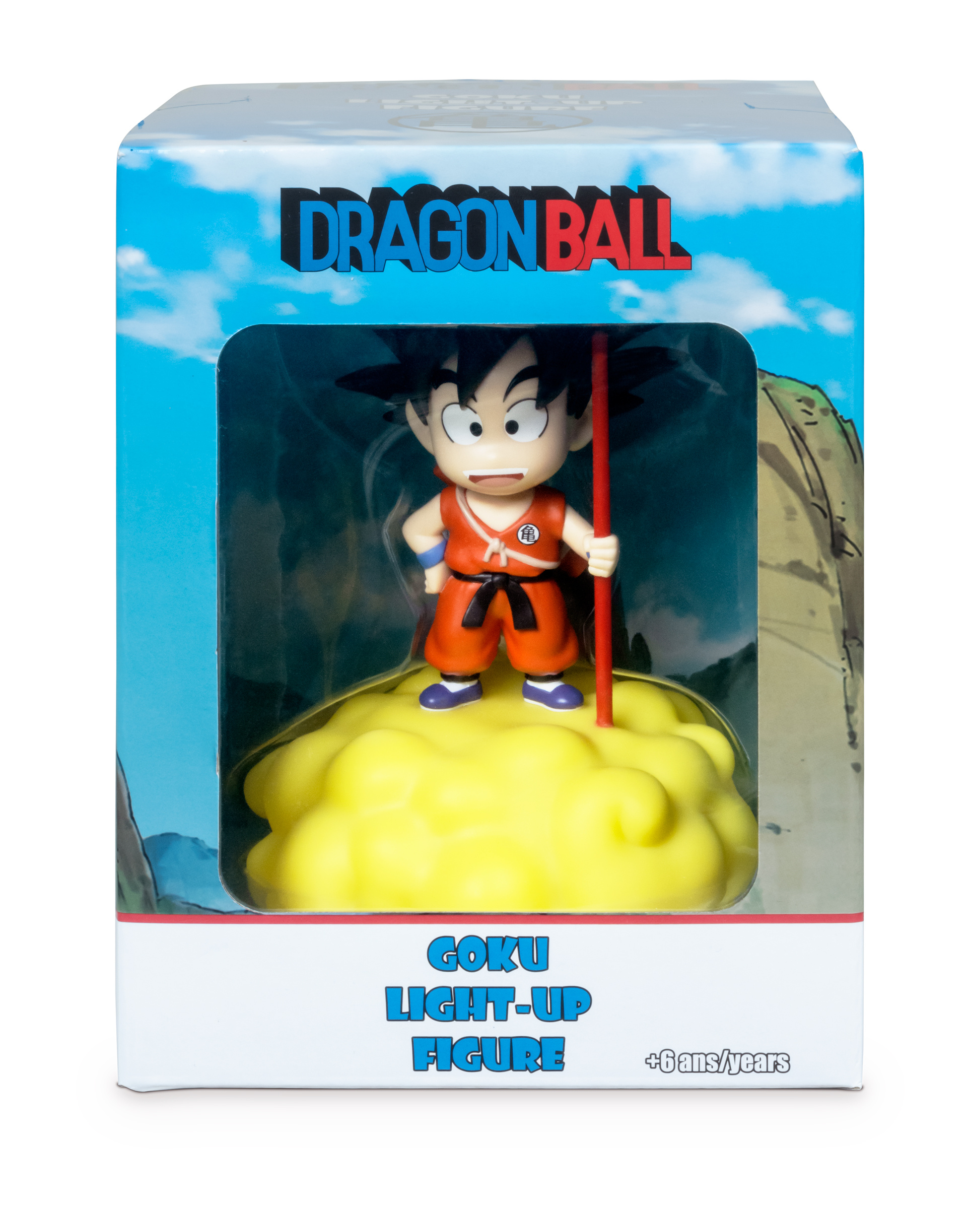 Una statuetta di Goku di Dragon Ball in una scatola, con un'illustrazione di nuvola e sfondo.