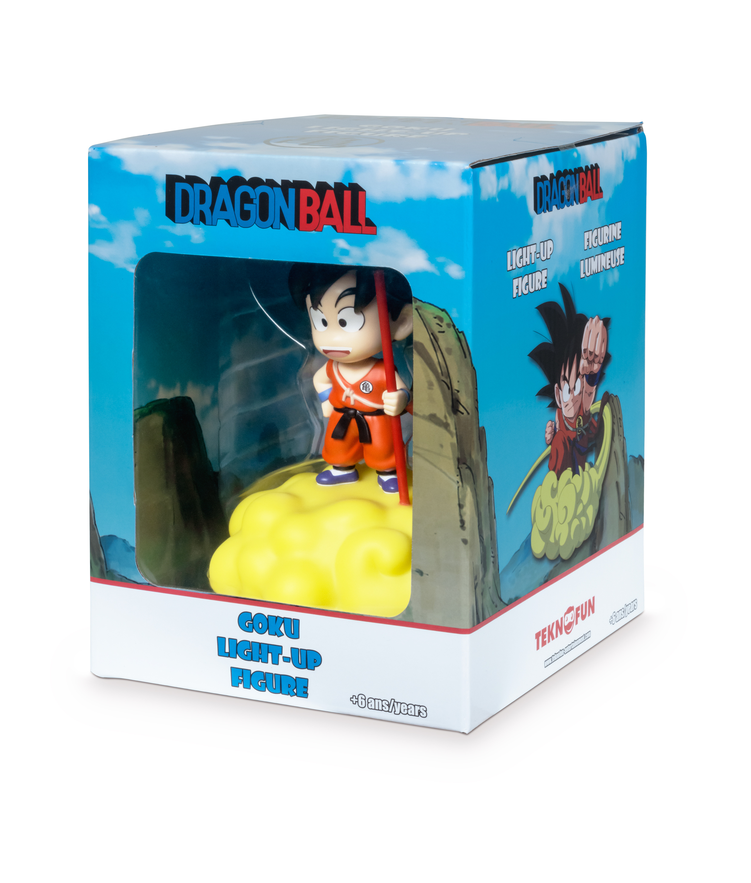 Una figura luminosa di Goku di Dragon Ball in una scatola. La figura è su una nuvola gialla. La scatola ha il logo.