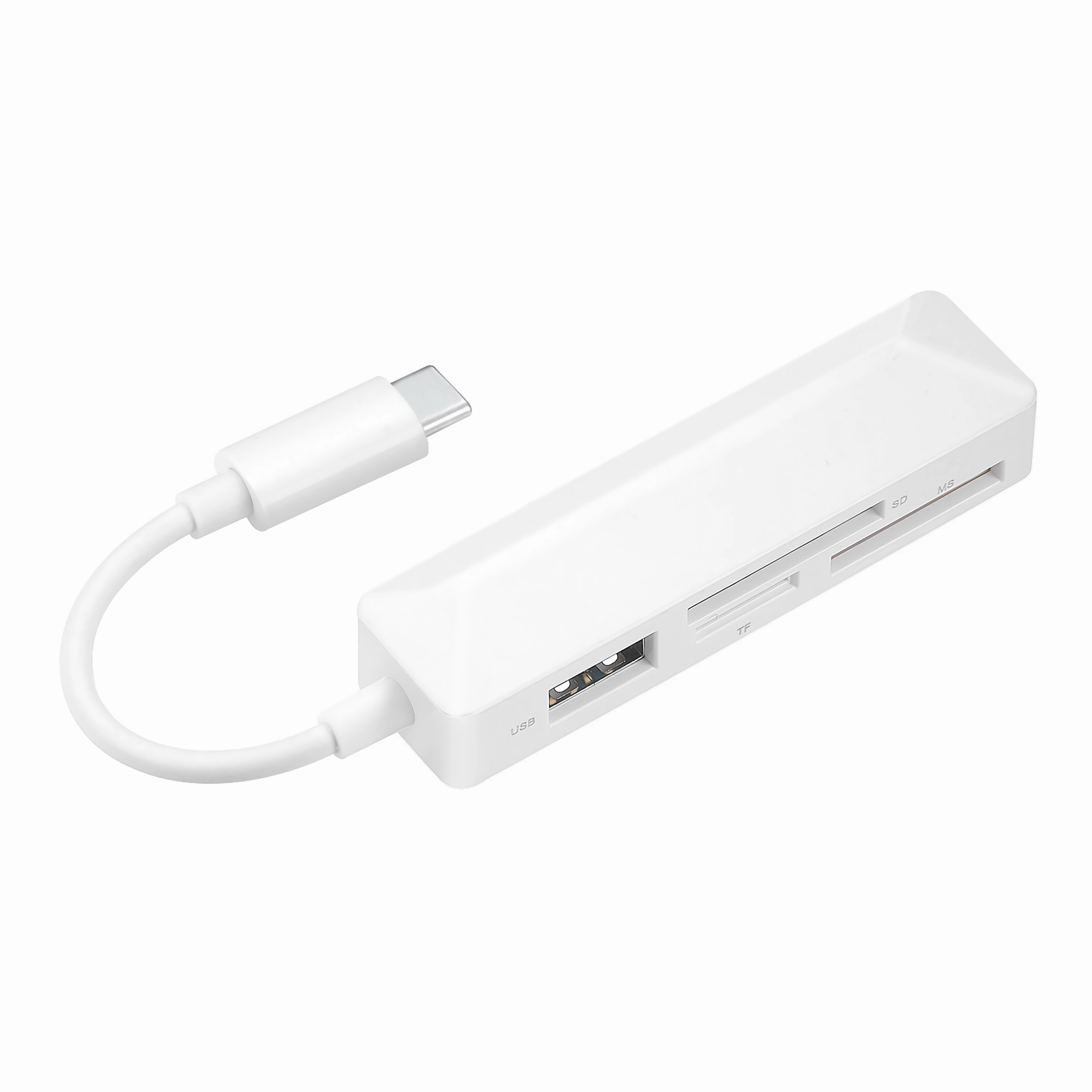 Ein weißer USB-C-Adapter mit USB-Kabel und Steckplätzen mit der Aufschrift SD, TF und USB auf weißer Oberfläche.