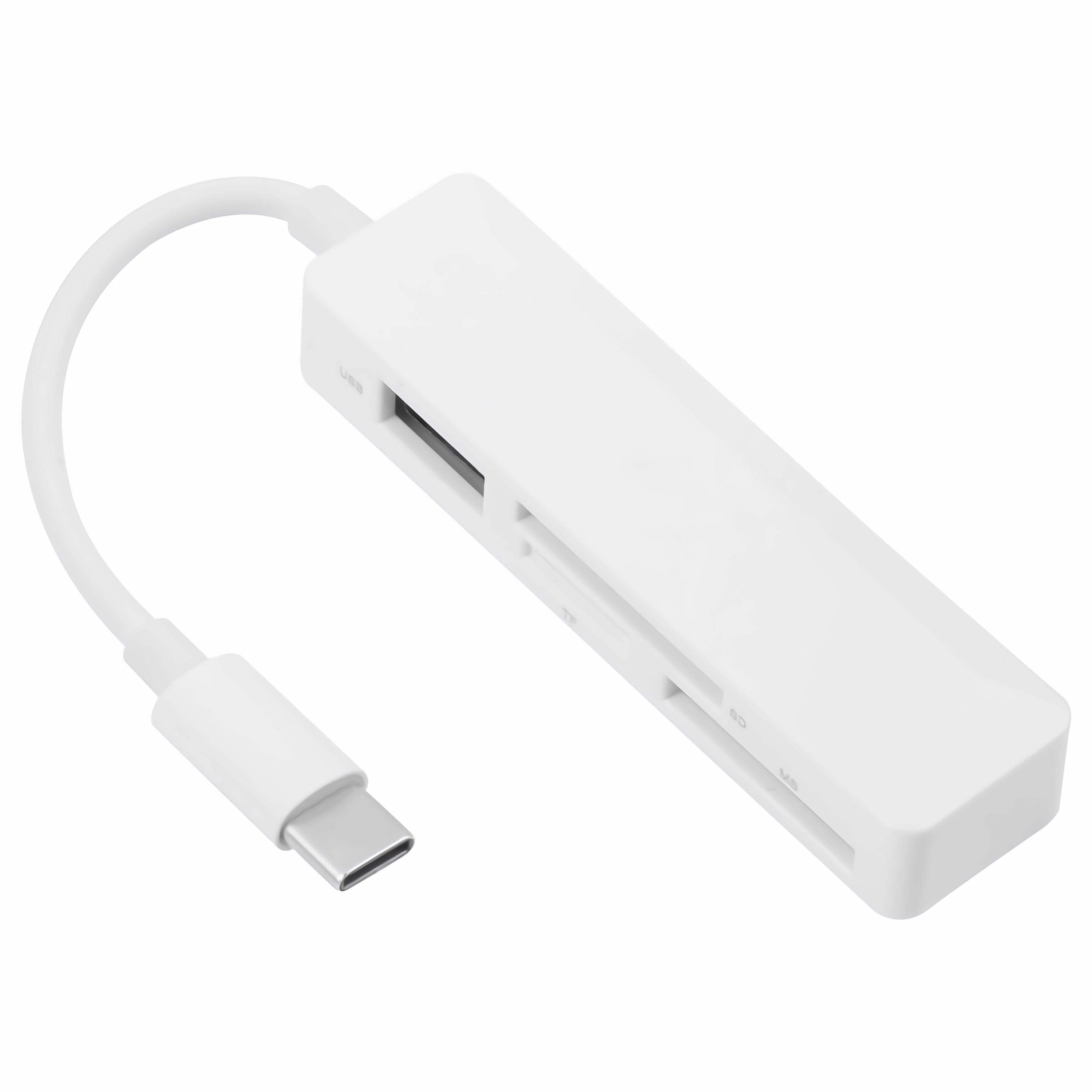 Weißes USB-Kartenlesegerät mit Kabel. Es hat USB-C- und SD-Kartensteckplätze.