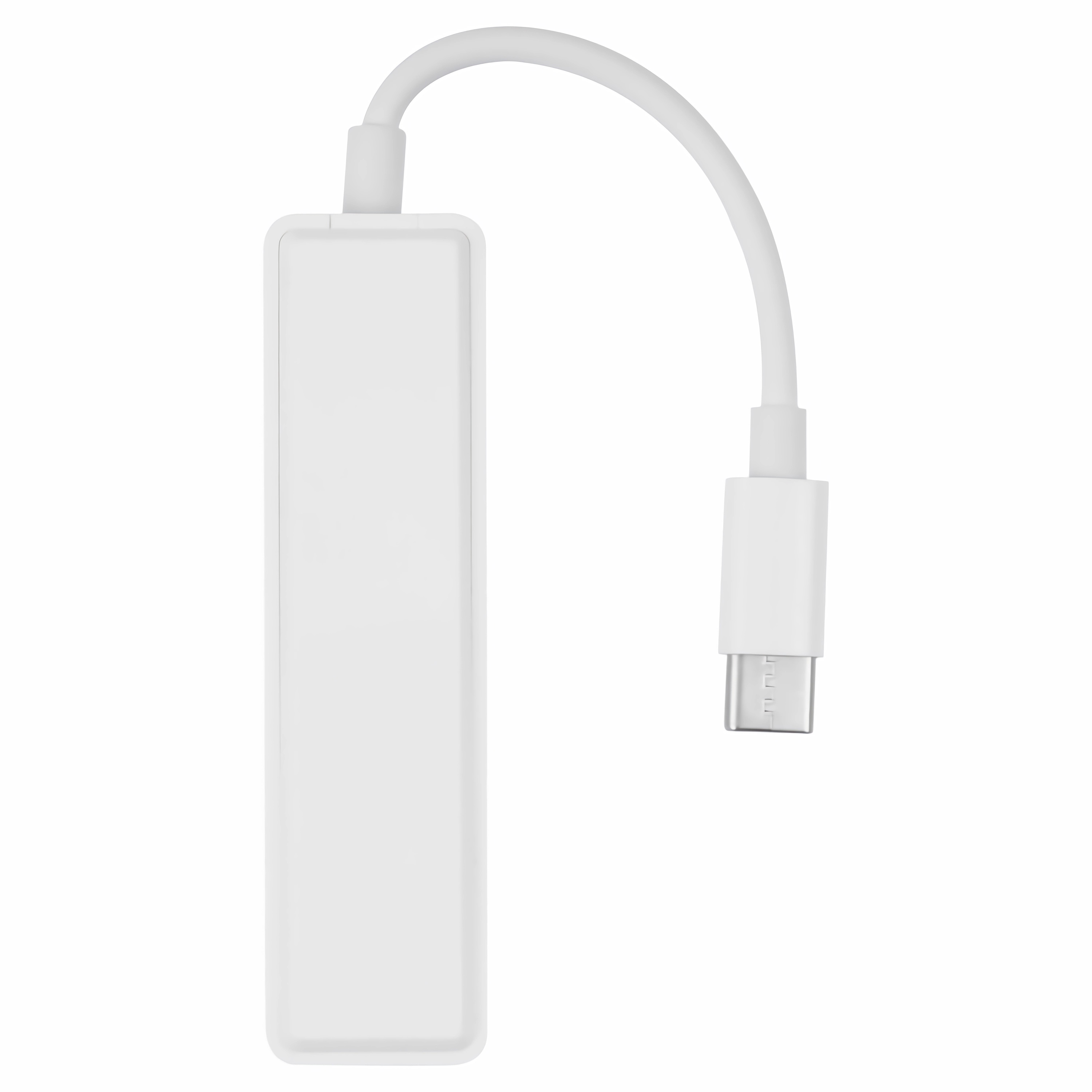 Ein weißer Adapter mit USB-C-Anschluss und Kabel. Der Hintergrund ist weiß.