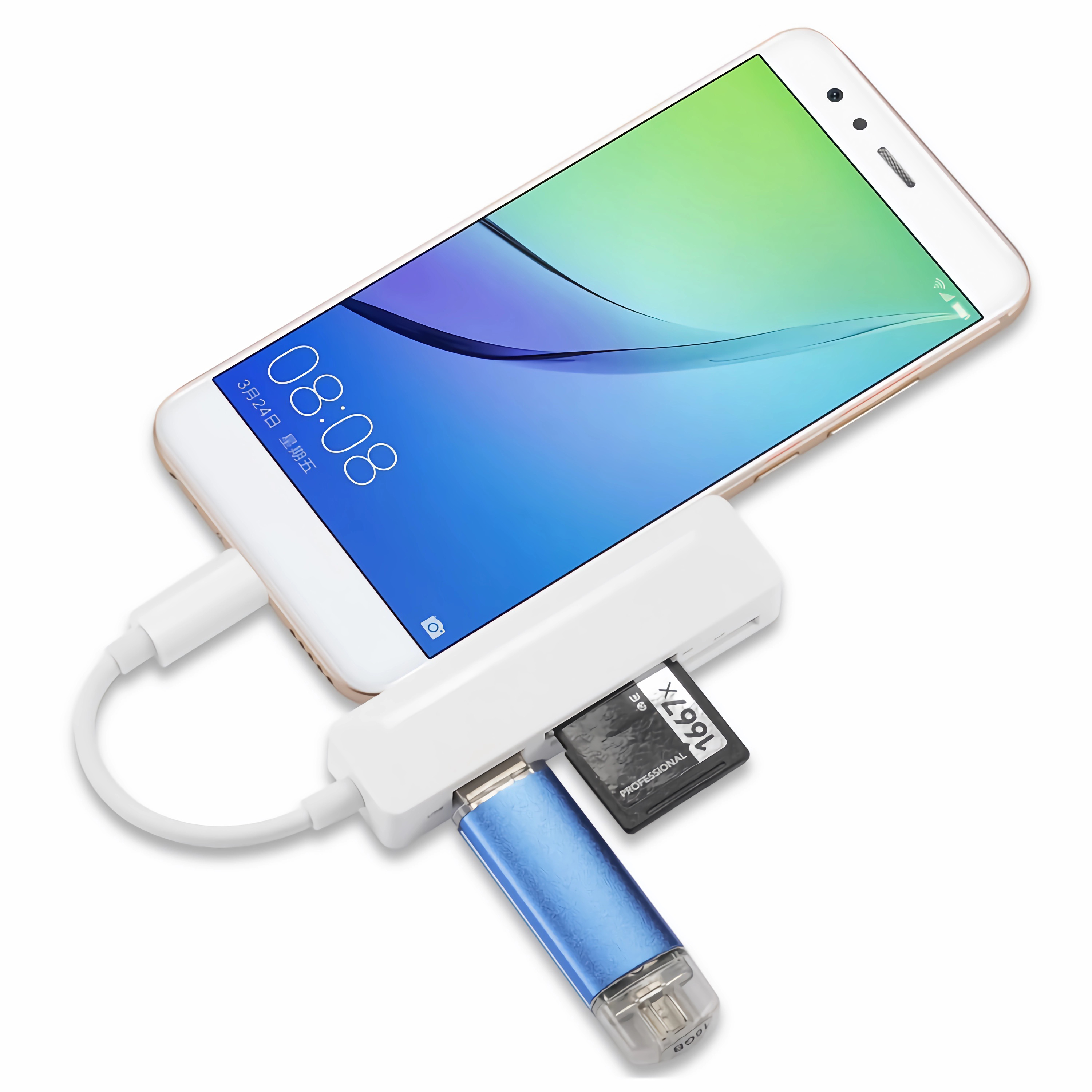 Ein Telefon ist mit einem weißen Hub mit USB-Laufwerk und Speicherkarte verbunden. Das Telefon ist weiß.