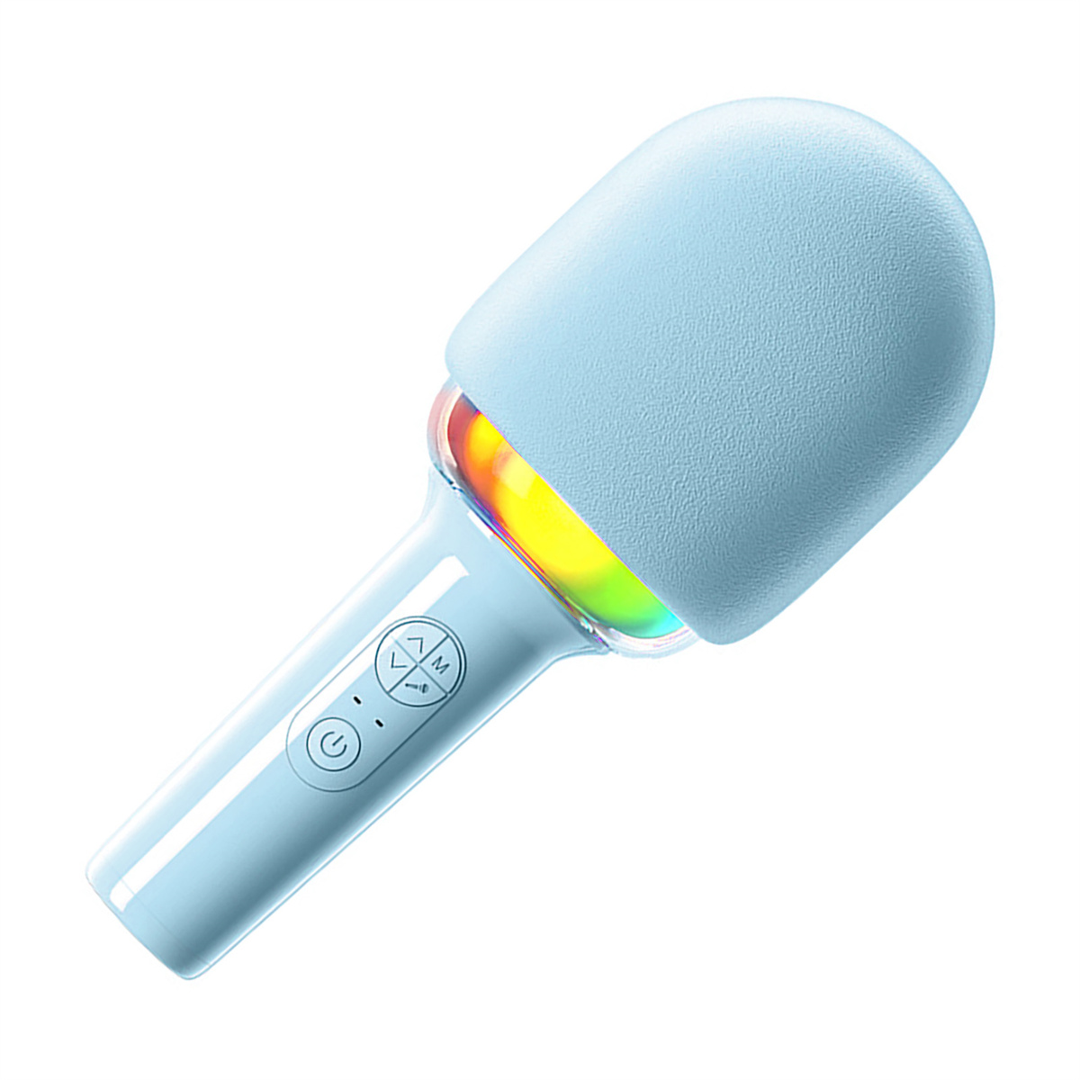 Ein blaues Mikrofon mit Regenbogenlichtern.