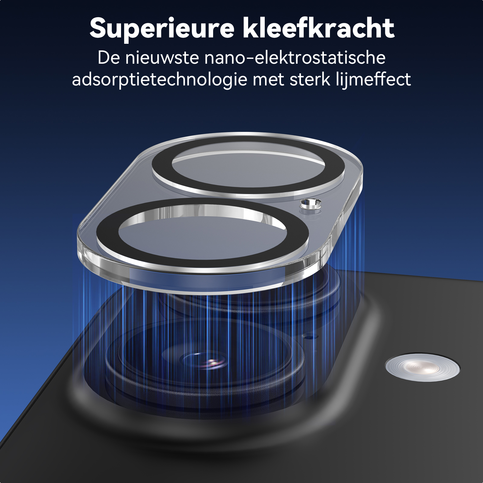 Telefon mit Linsenschutz. Klarer Kreis auf schwarzem Telefon, blauer Linienhintergrund.