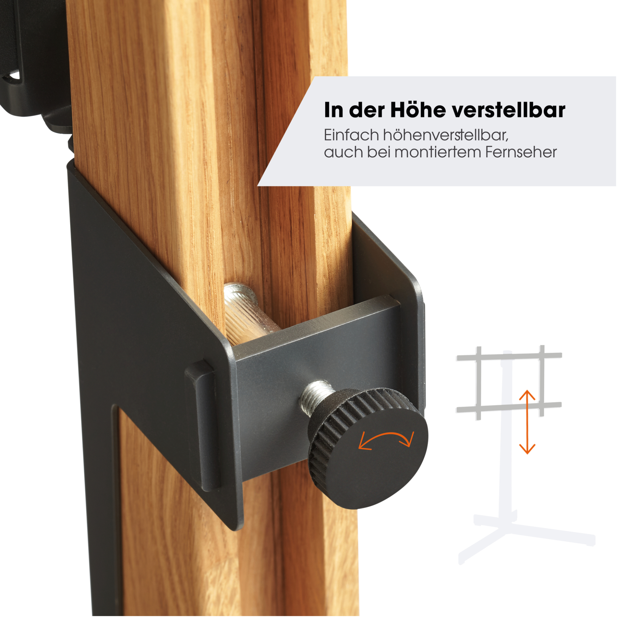 Zbliżenie regulowanego wspornika na drewnie. Czarny przycisk i metalowe detale. Białe tło.