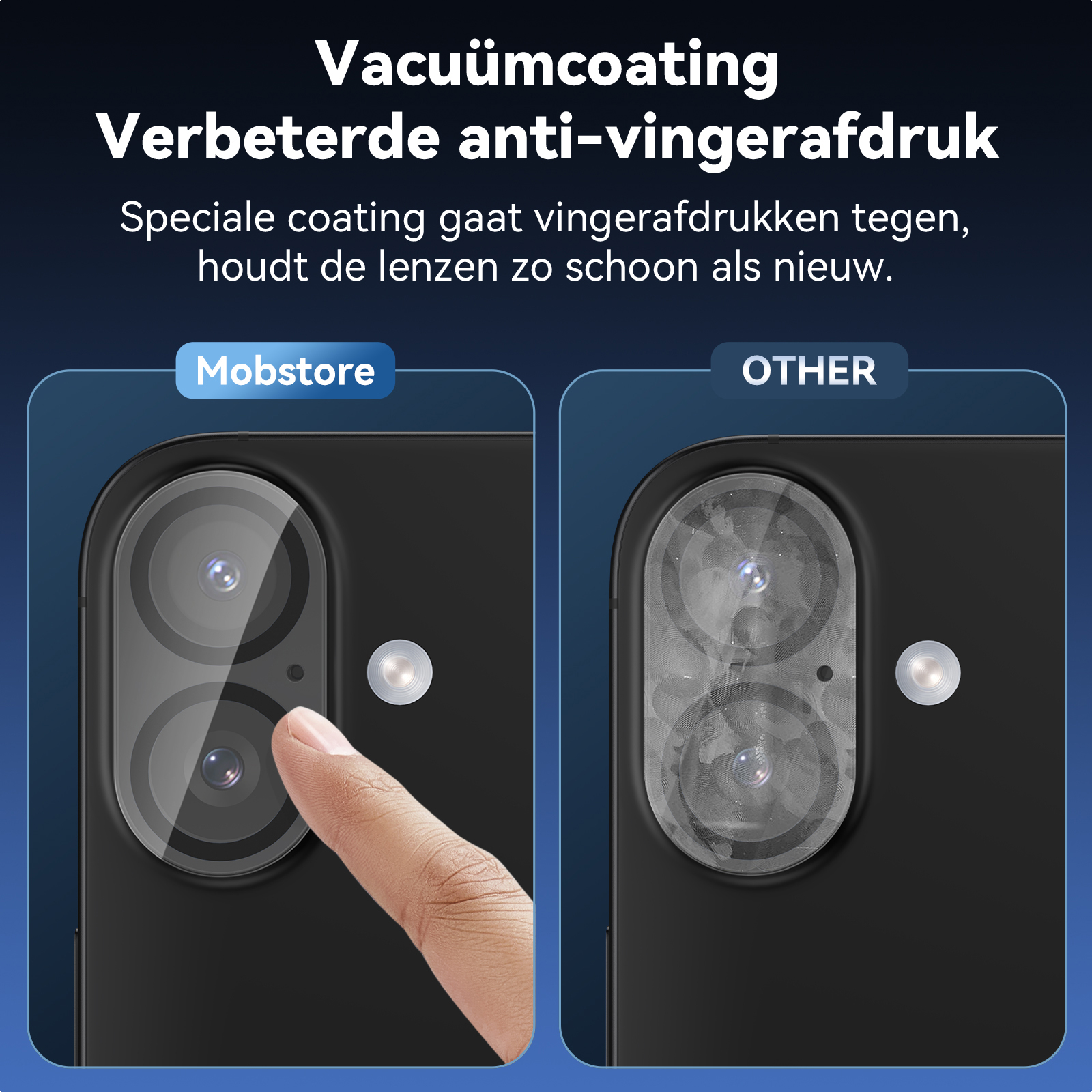 Bildvergleich: Telefonobjektiv mit und ohne Fingerabdrücke. Text: Anti-Fingerabdruck-Beschichtung.