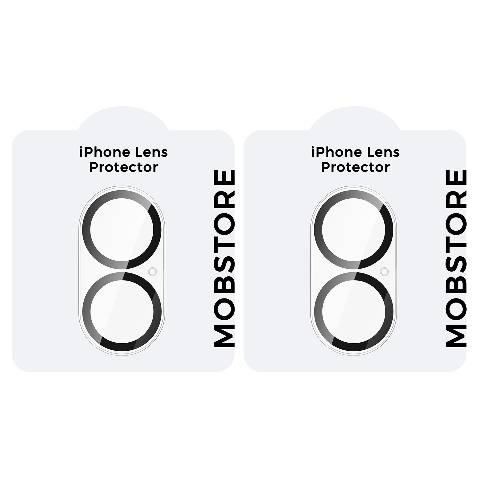 Zwei iPhone-Linsenprotektoren mit Mobstore-Branding. Sie sind kreisförmig mit schwarzen Rändern und weißen Zentren.