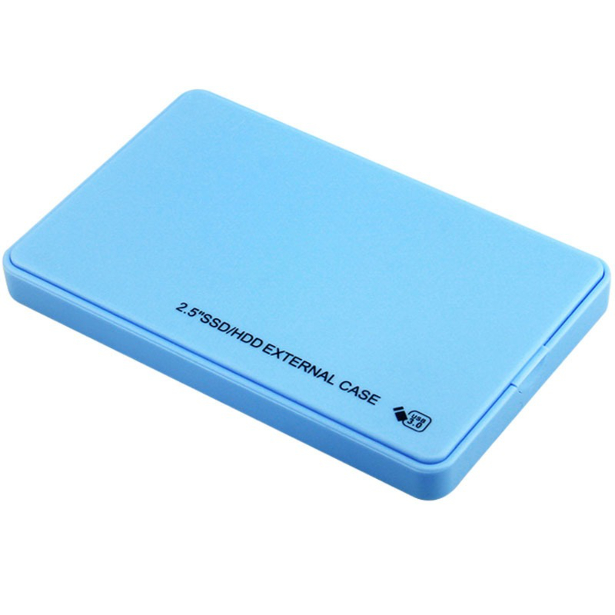 Hellblaues externes Festplattengehäuse. Der Text '2.5" SSD/HDD EXTERNAL CASE' ist darauf gedruckt.