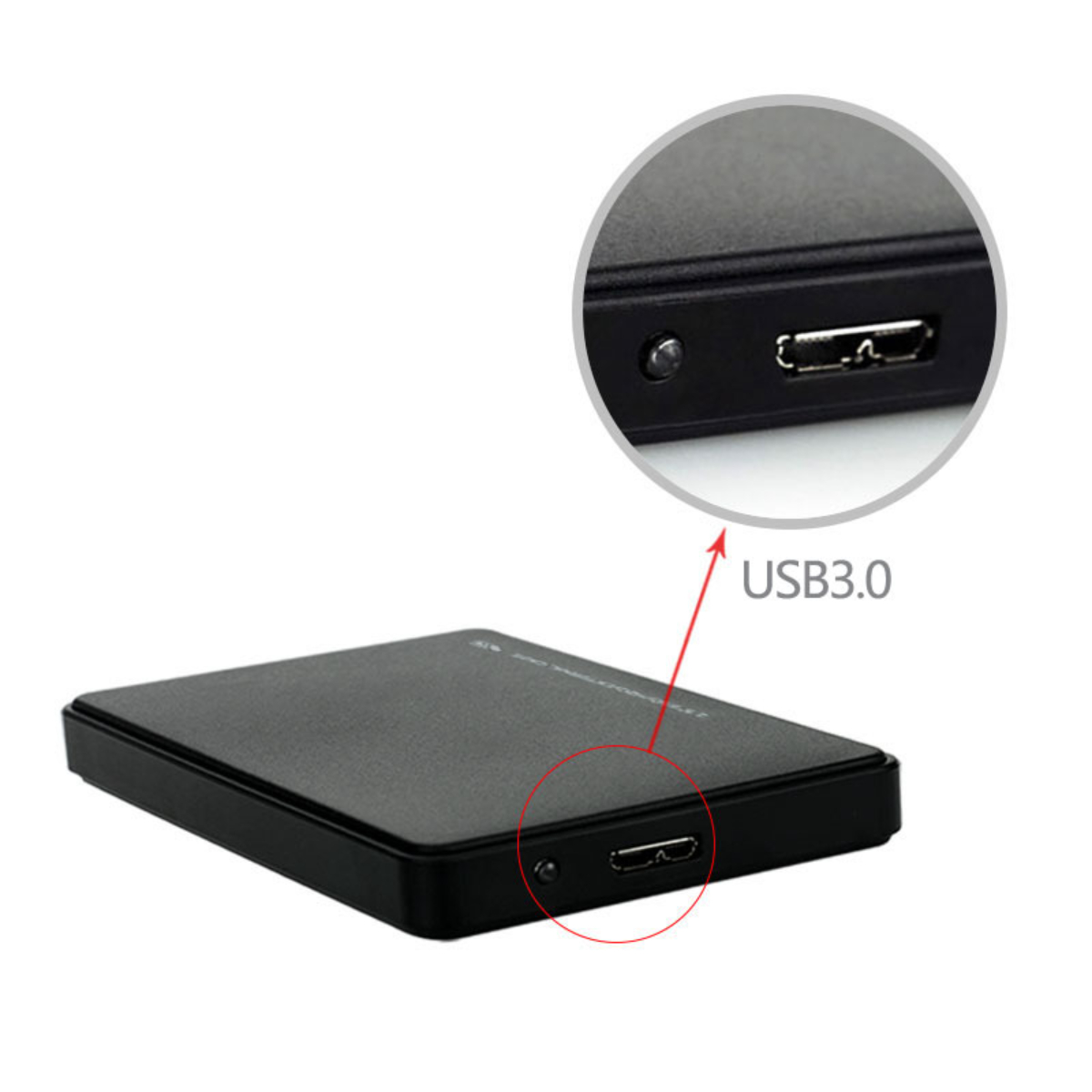 Schwarze externe USB 3.0 Festplatte. Nahaufnahme zeigt den USB-Anschluss.