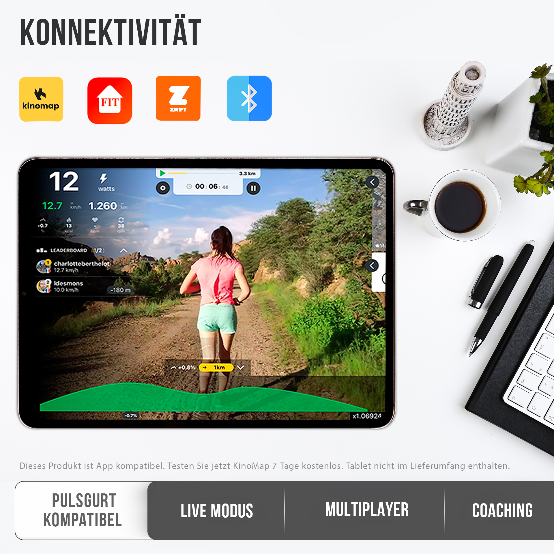 Tablettbildschirm mit einer Frau, die auf einer Strecke läuft, mit Fitness-App-Symbolen.