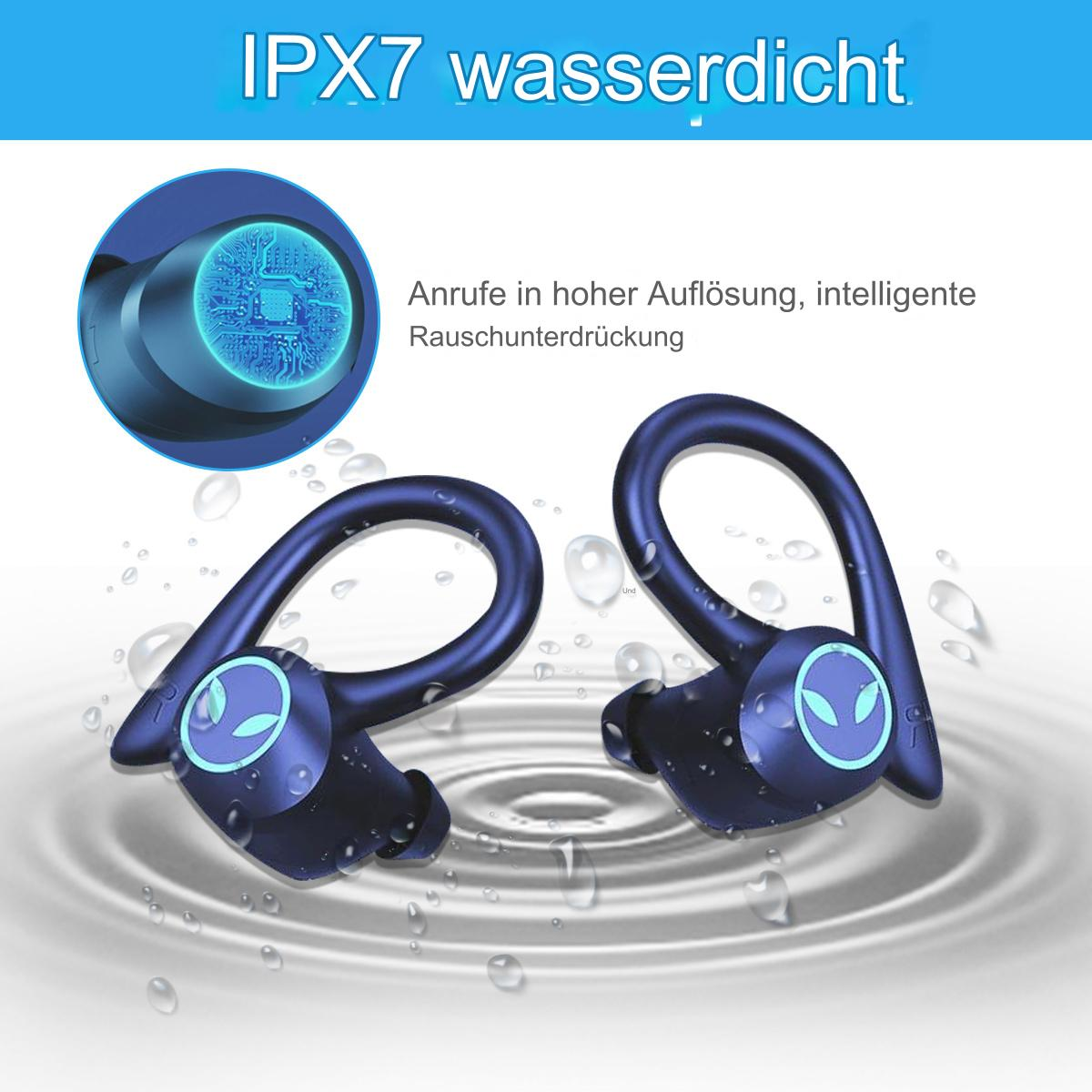 Zwei blaue kabellose Ohrhörer mit Text, der darauf hinweist, dass sie wasserdicht sind und Geräuschunterdrückung haben.