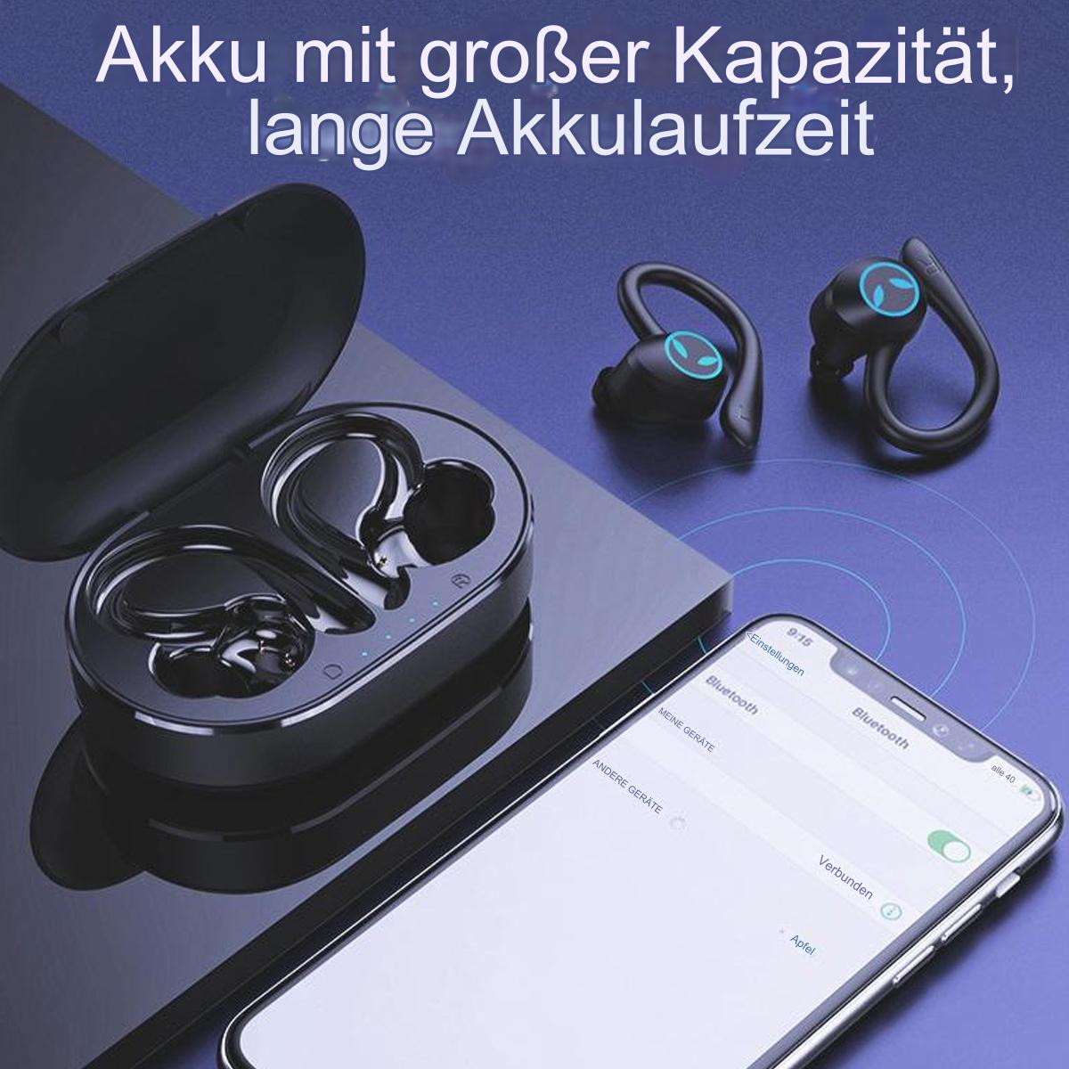 Ohrhörer in Ladecase, zwei weitere in der Nähe, Smartphone zeigt Bluetooth-Einstellungen.