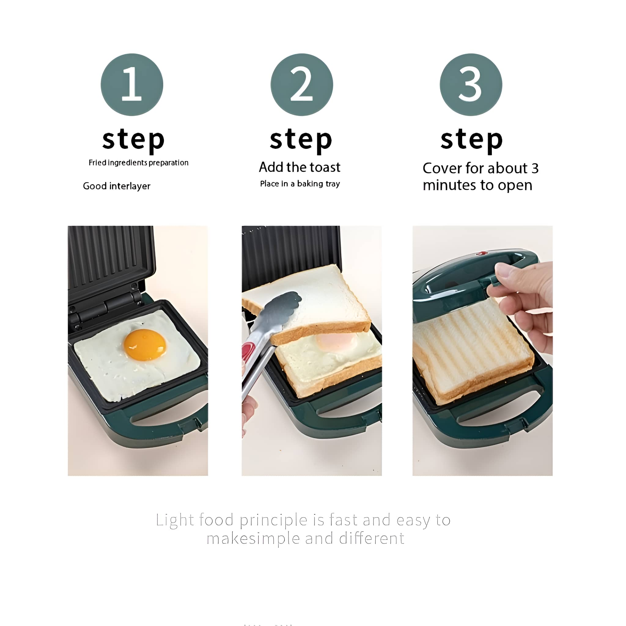 Eine Schritt-für-Schritt-Anleitung zur Herstellung von Toast mit Ei mit einem Sandwichmaker. Die Anweisungen sind nummeriert.