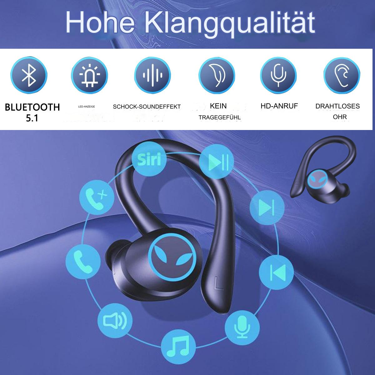 Schwarze kabellose Ohrhörer mit Symbolen und Text 'Hohe Klangqualität'.
