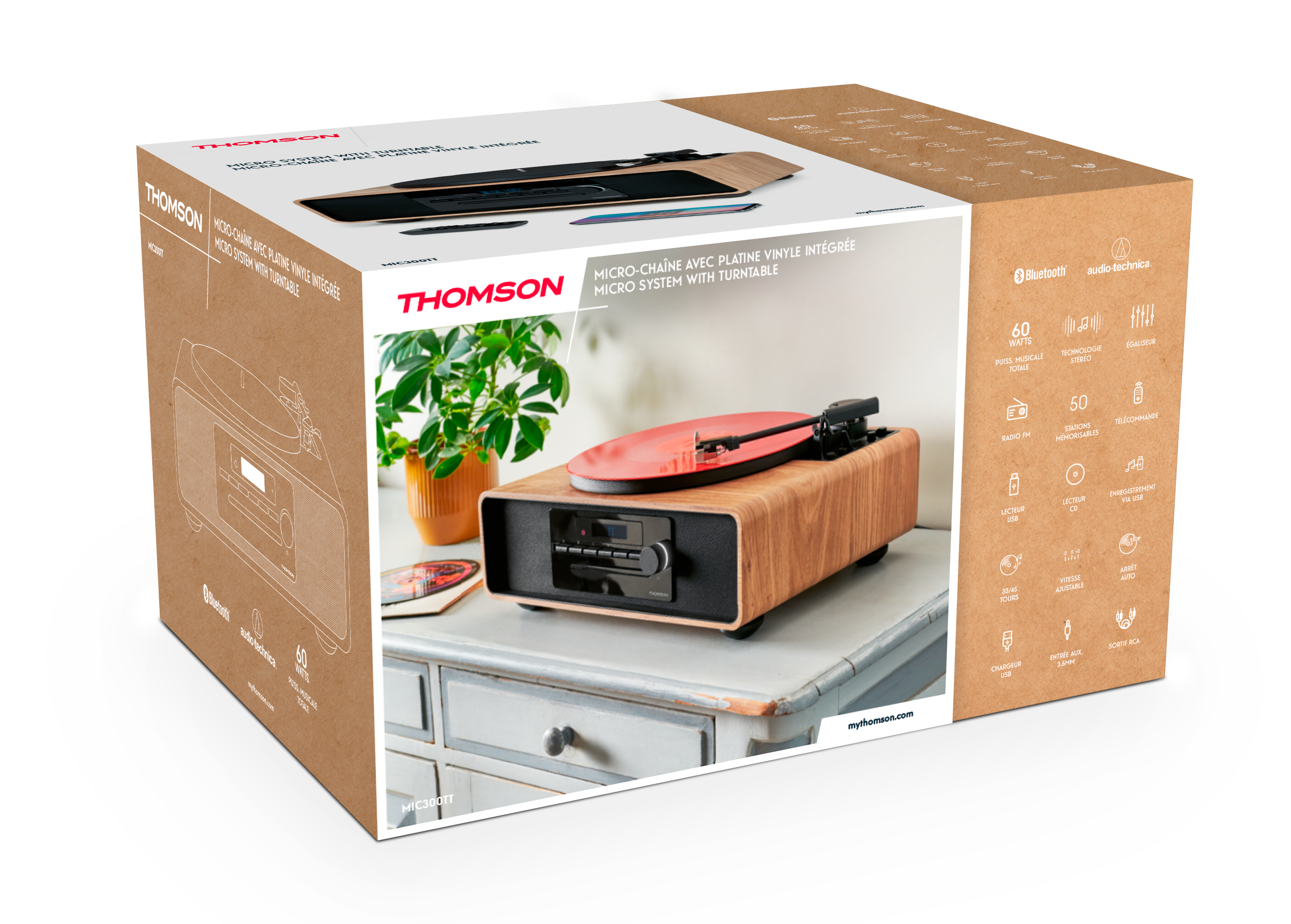 Zapakowany system stereo z gramofonem, głośnikami i innymi elementami. Pudełko jest brązowe.