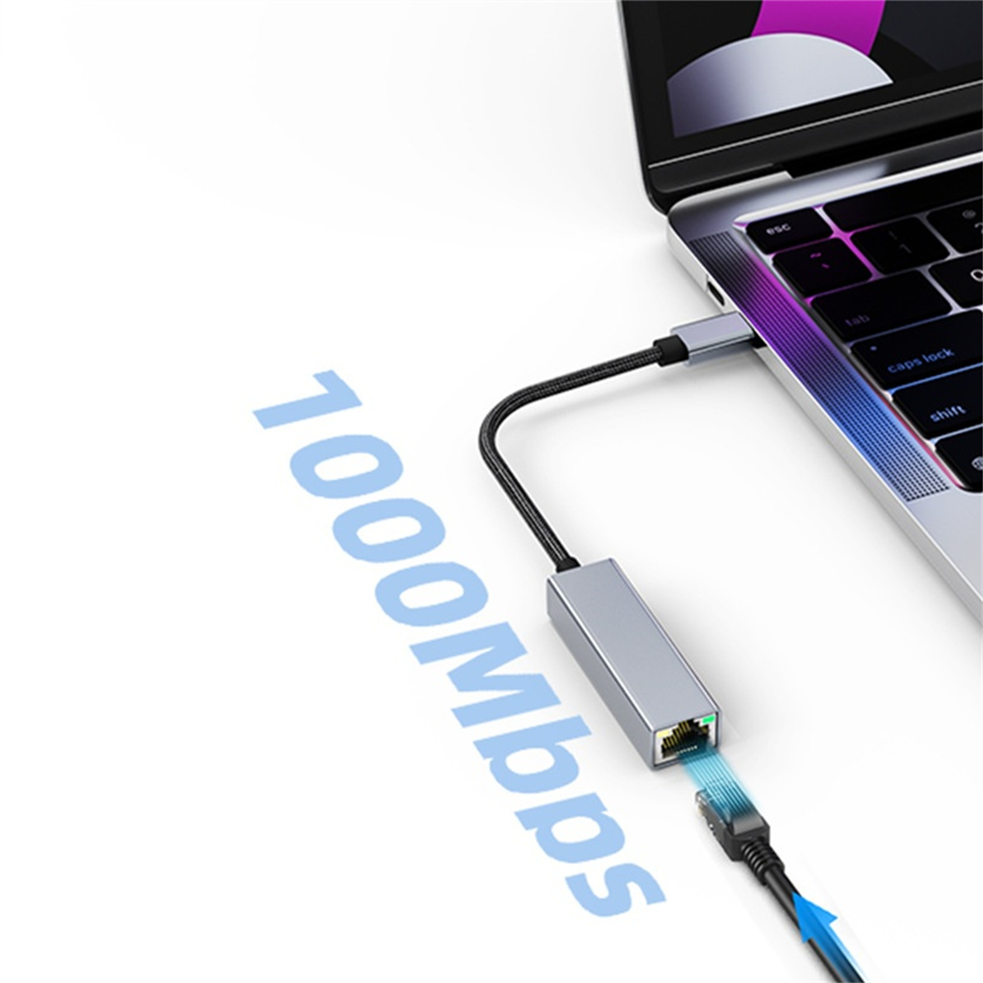 Laptop verbunden mit silbernem Ethernet-Adapter mit 1000Mbit/s-Text.