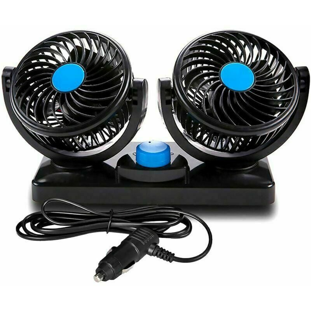 Schwarze Autolüfter mit blauen Zentren. Schwarze Basis und ein Stecker. Weißer Hintergrund.