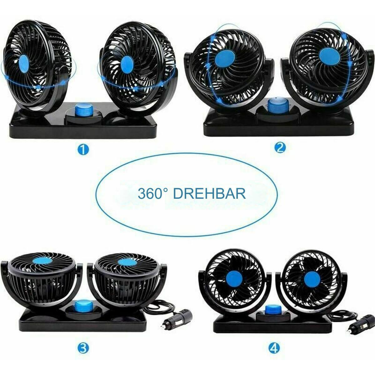 Vier kleine schwarze Ventilatoren mit blauen Zentren. Sie stehen auf einer schwarzen Basis. Das Bild ist mit Zahlen und Text beschriftet.